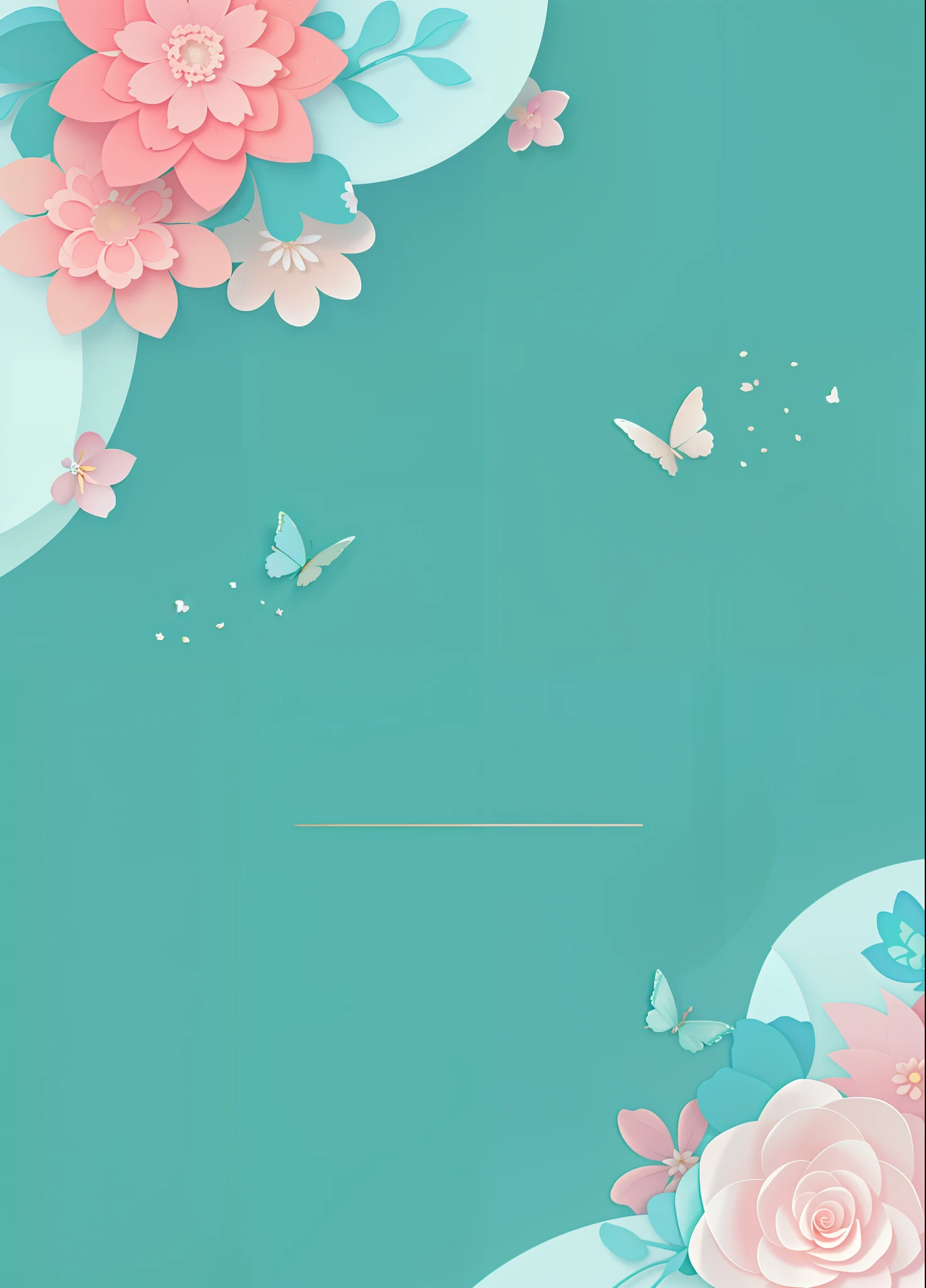 there is a beautiful floral background with butterflies and flowers, minimal background, flower background, fairy tale style background, background natural flower, realistic detailed background, minimalist background, simple background, fine background proportionate, flowers and butterflies, stylishly designed background, teal paper, pure color background, a beautiful artwork illustration, sea green color theme, minimalistic background