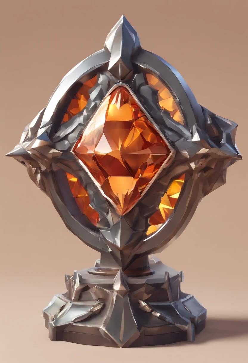 Game medallion with metal faucet closeup with crown，Close-up of dragon head，hearthstone art style, Hearthstone style art, hearthstone concept art, Riot game concept art, style of league of legends, iconic character splash art, League of Legends crown，Game badge，Surrounding metal feathers，Orange gold，c4d渲染，Less detail，less detailing，Huge metal faucet in the middle，The head has gorgeous gemstones