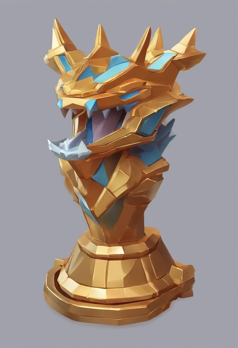 Game medallion with metal faucet closeup with crown,Close-up of dragon head,hearthstone art style, Hearthstone style art, hearthstone concept art, Riot game concept art, style of league of legends, iconic character splash art, League of Legends crown,Game badge,Surrounding metal feathers,Orange gold,c4d渲染,Less detail,less detailing,Huge metal faucet in the middle,The head has gorgeous gemstones