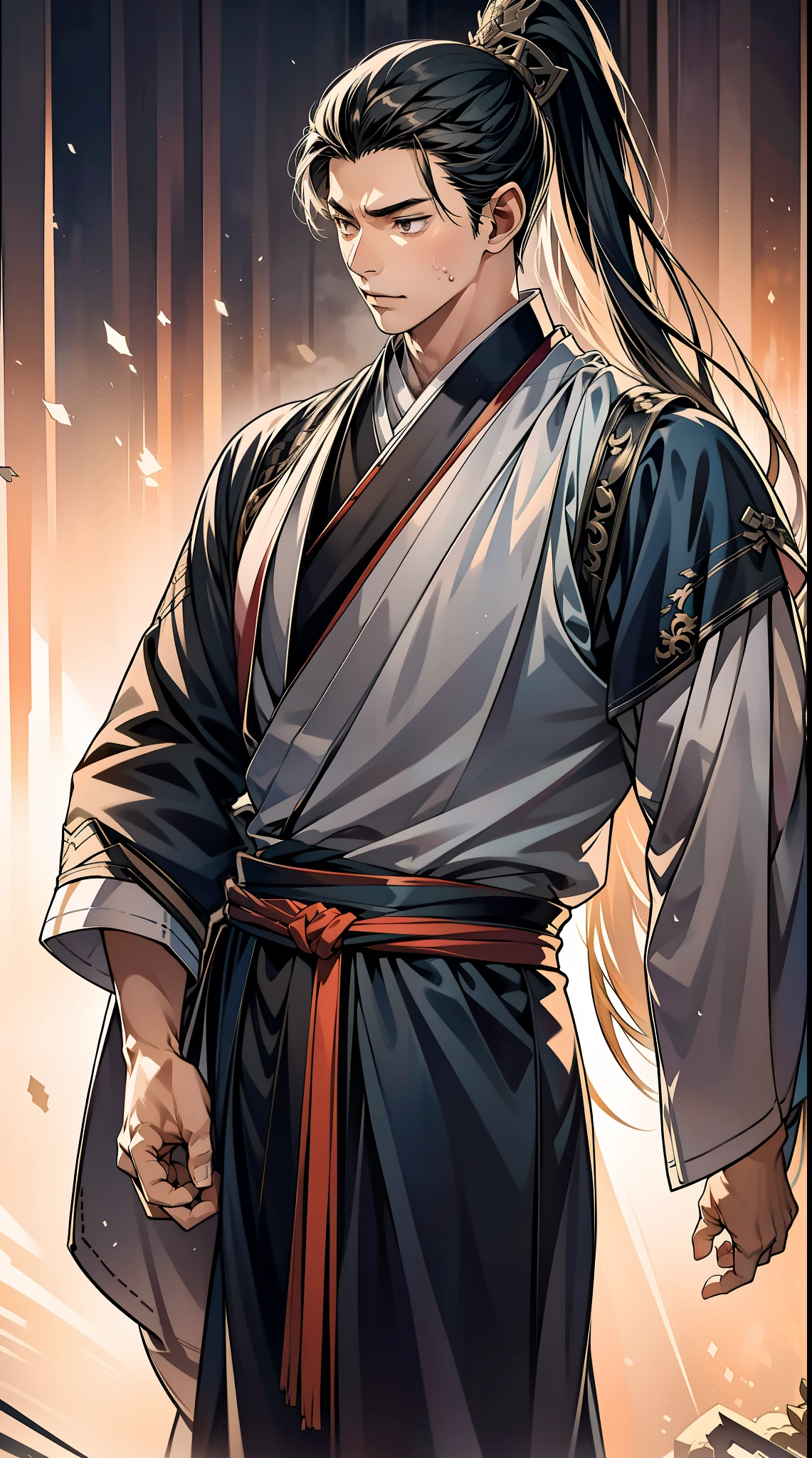 quadratic element,style of anime,mtu(Male Warrior),The proportions are correct,Face details,swordsmen,High ponytail hairstyle,Neck details,There is an Adam's apple,Black Hanfu,kaftan,Embroidered robes,Black robe,clothes details,Handing over,longer sleeves,Game quality,Swordsmanship,Light and shadow tracking,Ray traching,detailed glow,cg render,hair detail,cabelos preto e longos,Black eyes,Handsome,Handsome,(juvenile sense),Clothing is complicated,Perfectcomposition,Refinement,high qulity,higher details,Lots of details,The background is complex,a sense of atmosphere,