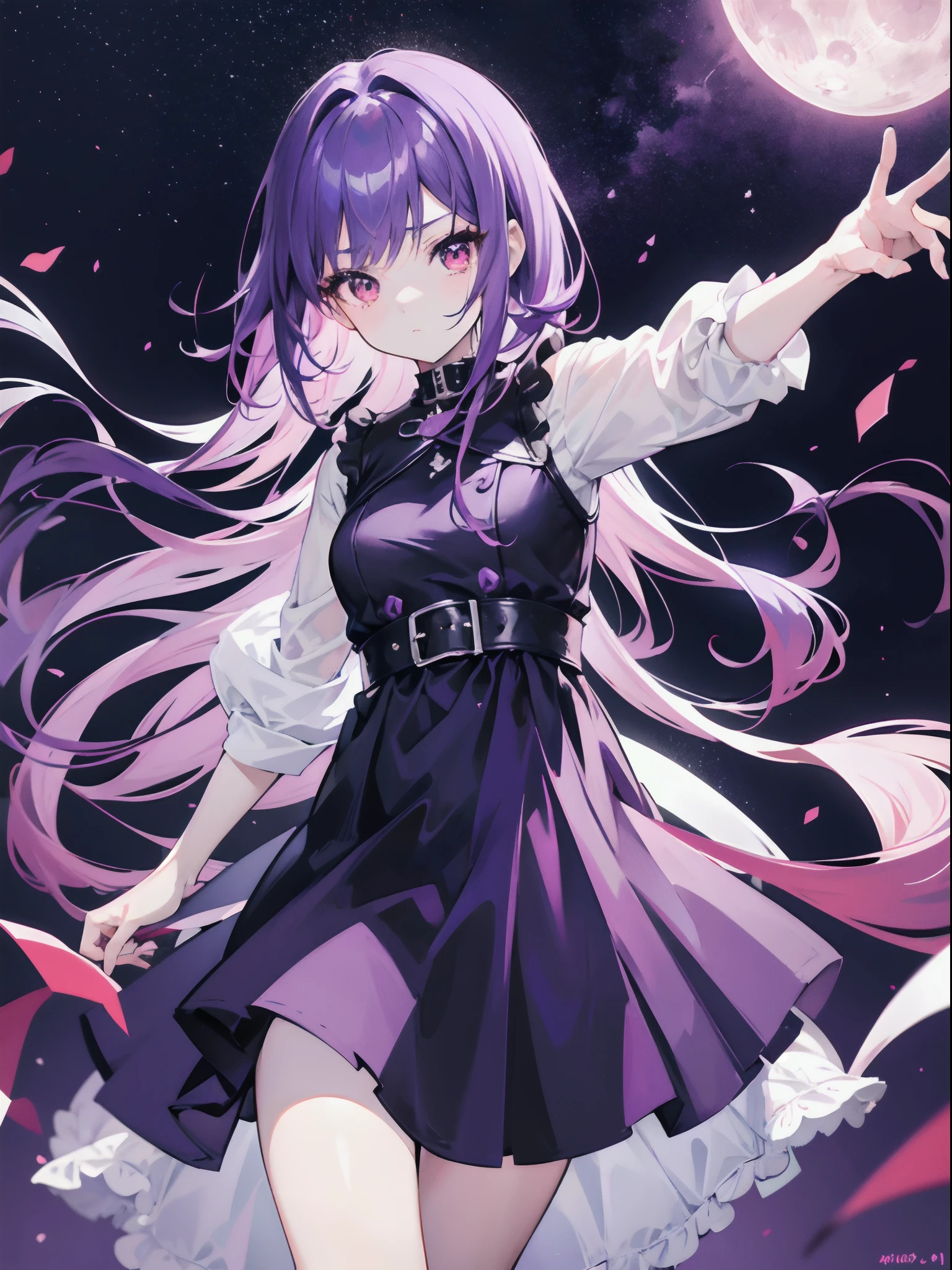 Anime girl with Purple Hair Color, 10 Year Old Girl With Beautiful Face, Red Eyes Color, In Front Of Moonlight, Wearing A BlackWhite Dress, With Confused Face Expresion, Cool Pose, Absolute Duo Anime Style Art
