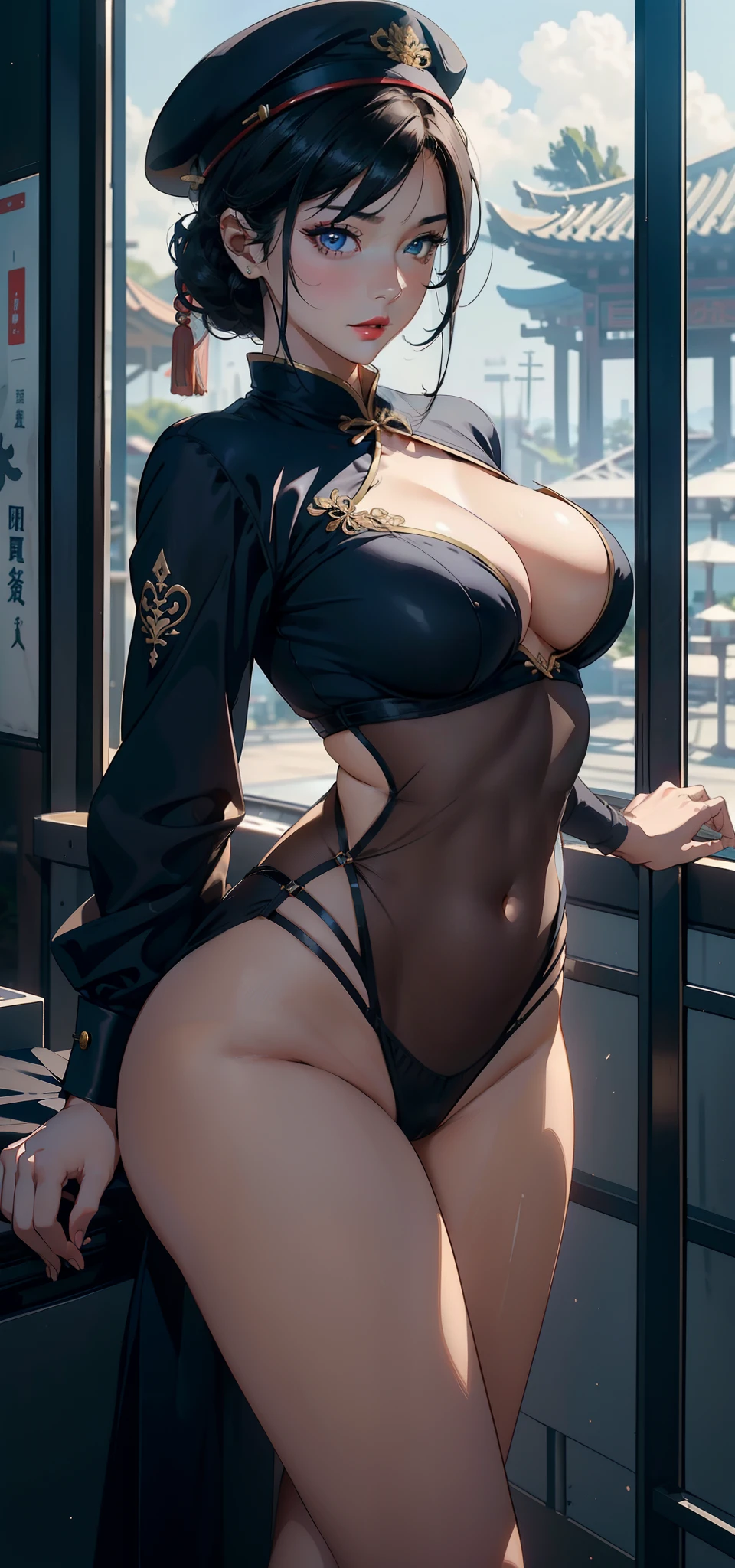 1womanl,33yo,熟妇,A MILF,extremely large bosom,Raised sexy,Pornographic exposure, 独奏,(Background with:aerodrome,ln the forest,Planes,)On the plane, She has short black hair,bobo head,Redlip,裸体少女,dynamicposes,seen from the front, hair straight, mostly cloudy sky,(((tmasterpiece),(Very detailed CG unity 8K wallpaper),best qualtiy,cinmatic lighting,detailed back ground,beatiful detailed eyes,Bright pupils,(Very fine and beautiful),(Beautiful and detailed eye description),Blue eyes,Redlip,ultra - detailed,tmasterpiece,)),facing at camera,(The upper part of the body),A high resolution,ultra - detailed),revealing breasts,Bare genitalia, Bulge,Stand by the pool,Leakage of the genitals,Incontinence,legs are open,sexyposture,Camel toes,Flushed complexion,Open-mouthed,frontage,Chinese flight attendant,beret(Wearing:Transparent cheongsam,Gold wire embroidery)Bare ,Bare lower body,legs are open