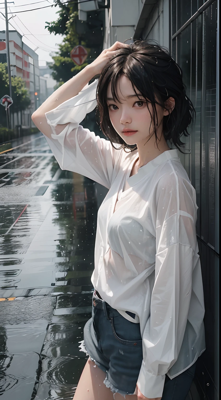 Natural image quality,looking at the camera,１People Girls,Japanese,20-year-old,Beauty,Beautiful face,Cute face,Are crying,((Crying)),Sad expression,Frustrated expression,tears,Short-sleeved summer clothes,skirt,(Disheveled Hair),((Wet Hair)),((Wet body)),((Wet clothes)),((Wet Face)),(The whole body is wet from rain),(Rainy cityscape)