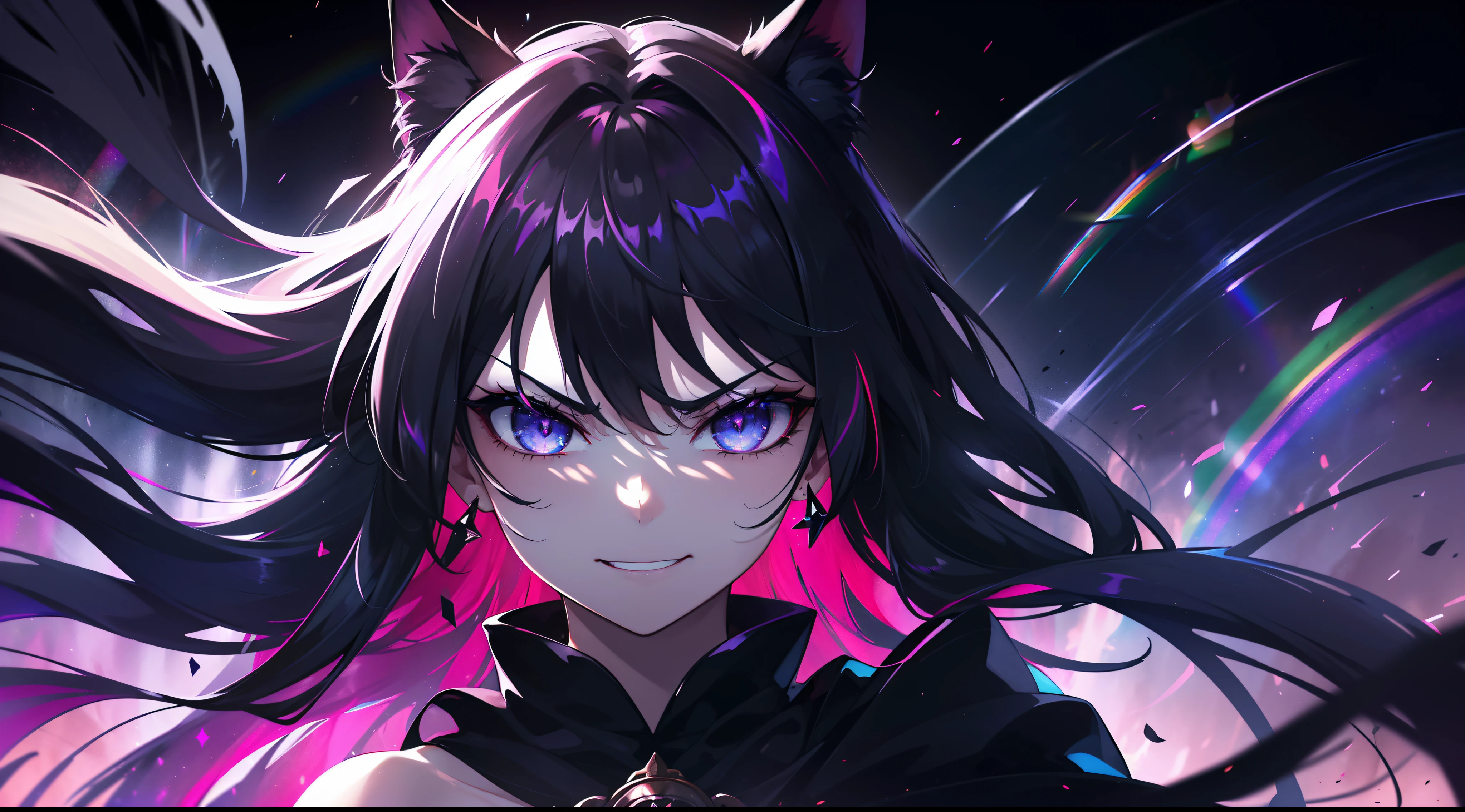 (Face Focus:1.3) (Rainbow Background:1.3),(angry,Provocative and bullish smile:1.3) (close up of face:0.7), a woman with black robe, irate,A vortex of light enveloped her, Canon 5D, 85 mm, depth of fields, 8K, ultra sharpness, nffsw, octane, Unreal, Dramatic light, Global Illumination,Motion Picture Film,rainbow,lensflare,Highly detailed,(Dark Wave Art:1.3),(Fantasia:1.3),(Agfacolor:1.3),(close portrait:1.3),(Feminine:1.4),(Beautiful:1.4),(Attractive:1.3),Move an angle,perfectly detailed eyes,Themed Background,hair messy,Cat's ears,black twin-tails,Sword of the Demon King,Flame Magic