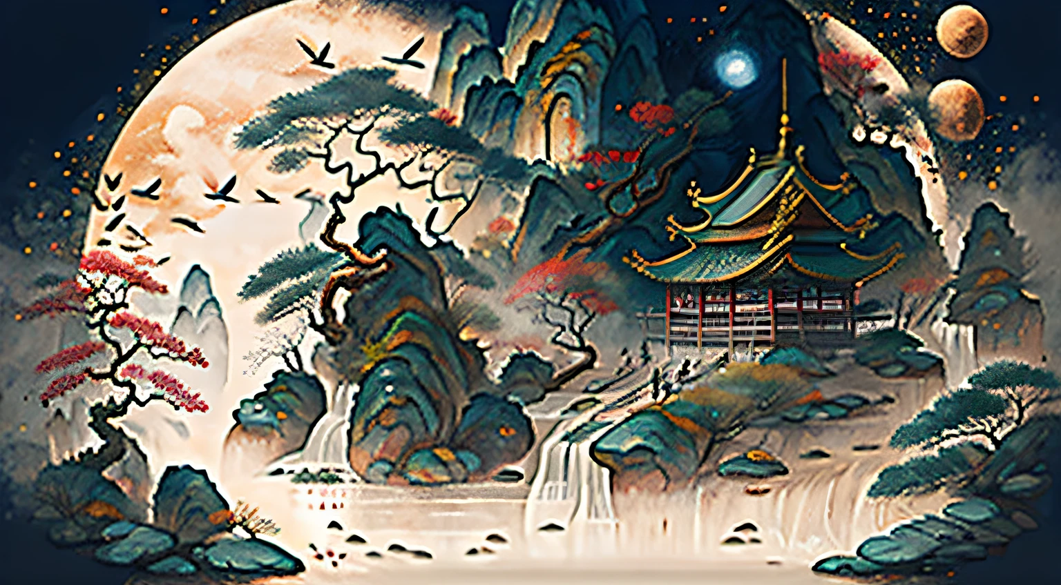 Ancient Chinese scenes,landscape painting,best qualtiy,mid day,beautiful detailed water,tmasterpiece,The best quality,The illustrations are super detailed,The most beautiful picture,Epic work