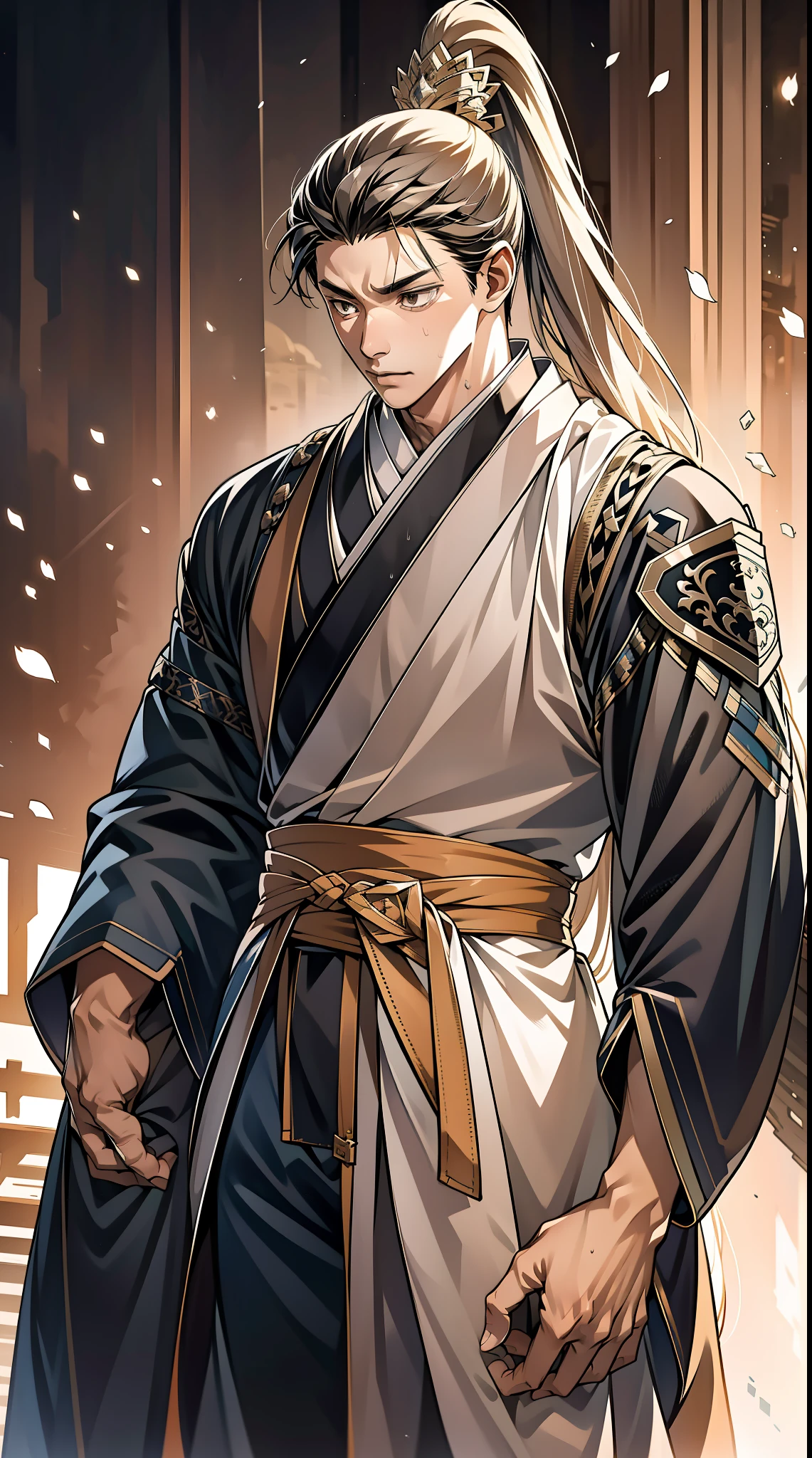 quadratic element,style of anime,mtu(Male Warrior),The proportions are correct,Face details,swordsmen,High ponytail hairstyle,Neck details,There is an Adam's apple,Black Hanfu,kaftan,Embroidered robes,Black robe,clothes details,Handing over,longer sleeves,Game quality,Swordsmanship,Light and shadow tracking,Ray traching,detailed glow,cg render,hair detail,cabelos preto e longos,Black eyes,Handsome,Handsome,(juvenile sense),Clothing is complicated,Perfectcomposition,Refinement,high qulity,higher details,Lots of details,The background is complex,a sense of atmosphere,