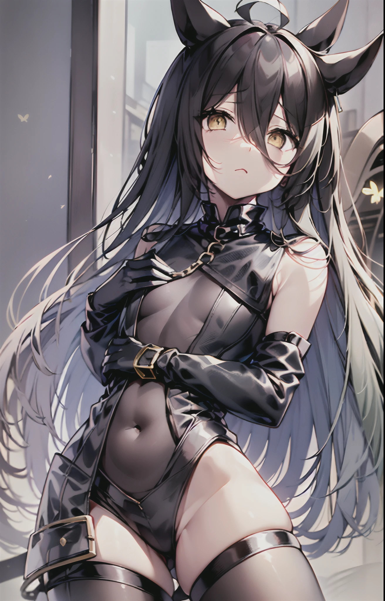 ​masterpiece，hightquality，high-level image quality，（（pixiv）），（（A daughter。 Pretty Derby）），（（manhattan-cafe）），(((A lot of butterflies々)))，（（（horse tails）），（（horse ear））），（（（（straight flat chest）））），（（（small tits））），（（（Phetcha Pai））），（（precipice）），（（agalactia）），（（（skinny female body））），(（lustrous dark hair))，（（Ahoge with a white color different from the hair color）），（（（Longhaire））），（（elongated bangs passing between the eyes,,,）），（（（（Mirai Nakano Bangs）））），（（Golden eyes without glowing highlights）），（（（Tattoo of a butterfly carved all over the body））），（（Stomach out）），（（Exposed groin）），（（（Front-opening corset in black solid leather and wrought iron chain））），（（Cropped Bondage Top）），（（Front opening shorts））