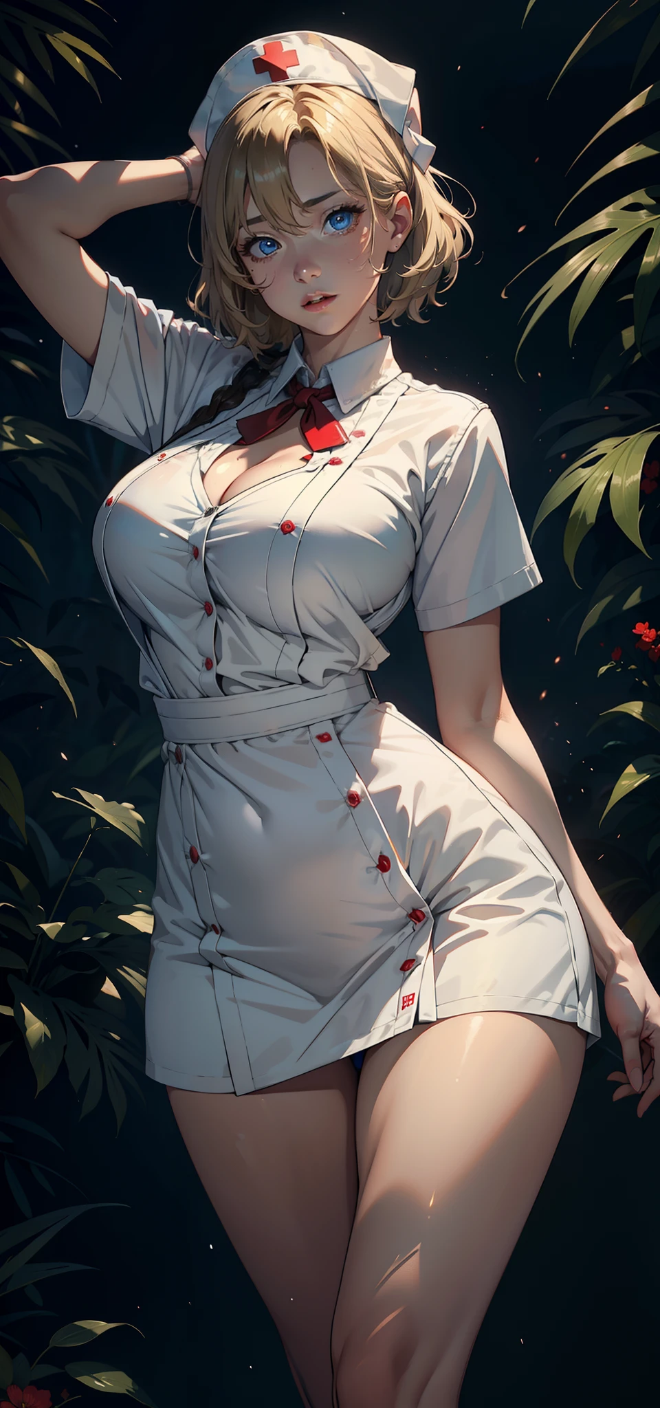 1female,45 yers old,Married woman,熟妇,mature,plum,very big boobs,big chest and thin waist,long leges, 独奏,(Background with:at a forest,lotus flower,ponds) She has short black hair,bobo head,,seen from the front, standing in forest, The sky is mostly cloudy,(((tmasterpiece),(Very detailed CG unified 8k wallpaper),Best quality,电影灯光,detailed back ground,美丽细致的眼睛,Bright pupils,黑The eye,Snow-whiteskin,Redlip(Very delicate and beautiful),(Beautiful and detailed eyes description),ultra - detailed,tmasterpiece,))facing at the camera,A high resolution,ultra - detailed)convex,legs are open,Raised sexy,Camel toes,Flushed face,longing unsatisfied,street frontage,nurses(dressed in:Oversized,drooping chest,,White transparent apron,nurse hat,Green nurse's uniform)