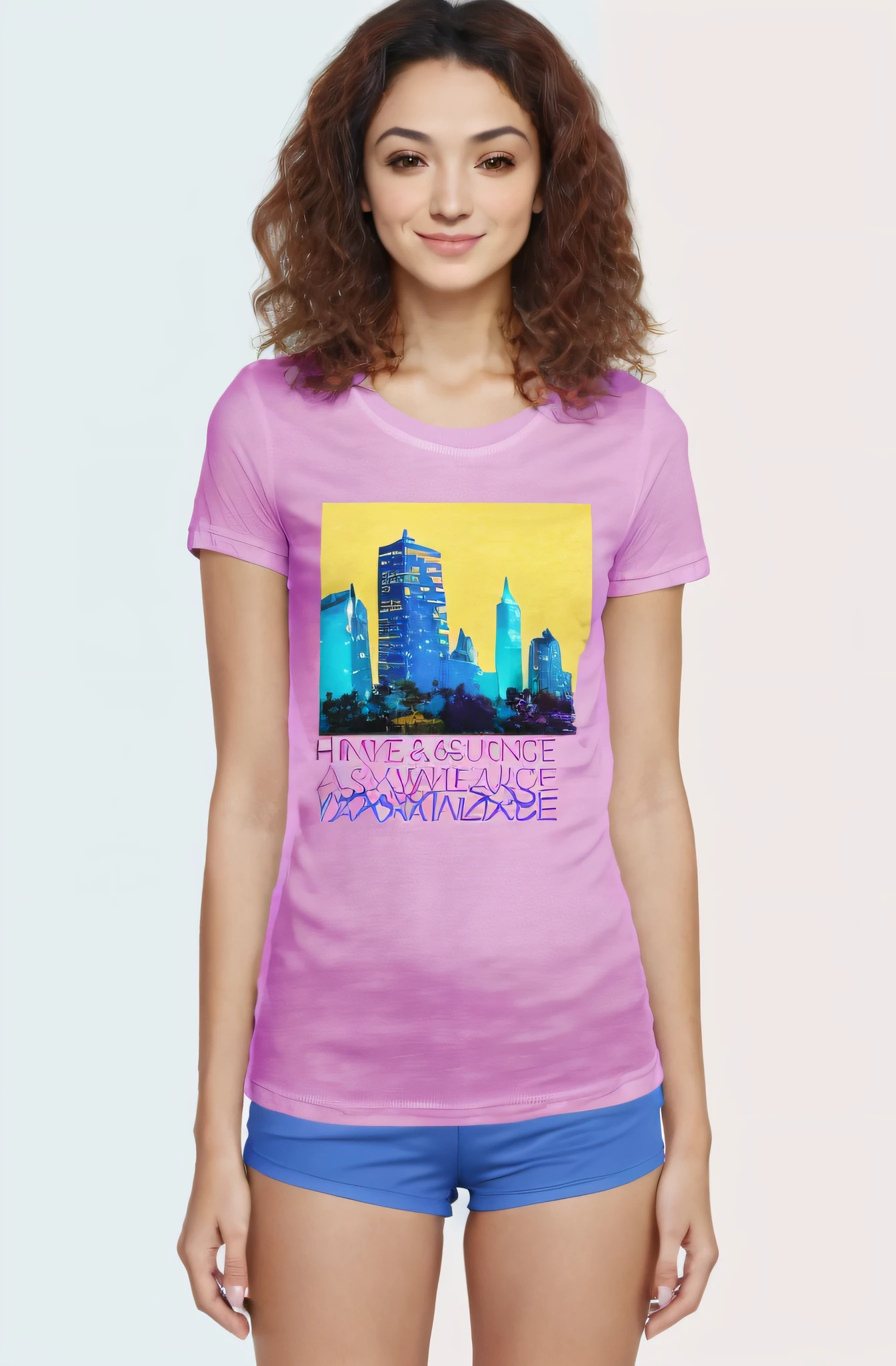 In a bustling cityscape, EmmaRimez stands tall, exuding confidence. She wears a t-shirt named "tshirt" that contrasts brilliantly with a turquoise glow. The backdrop is a mix of sapphire blue and goldenrod, with a hint of rose pink. The entire scene has an ethereal glow effect.