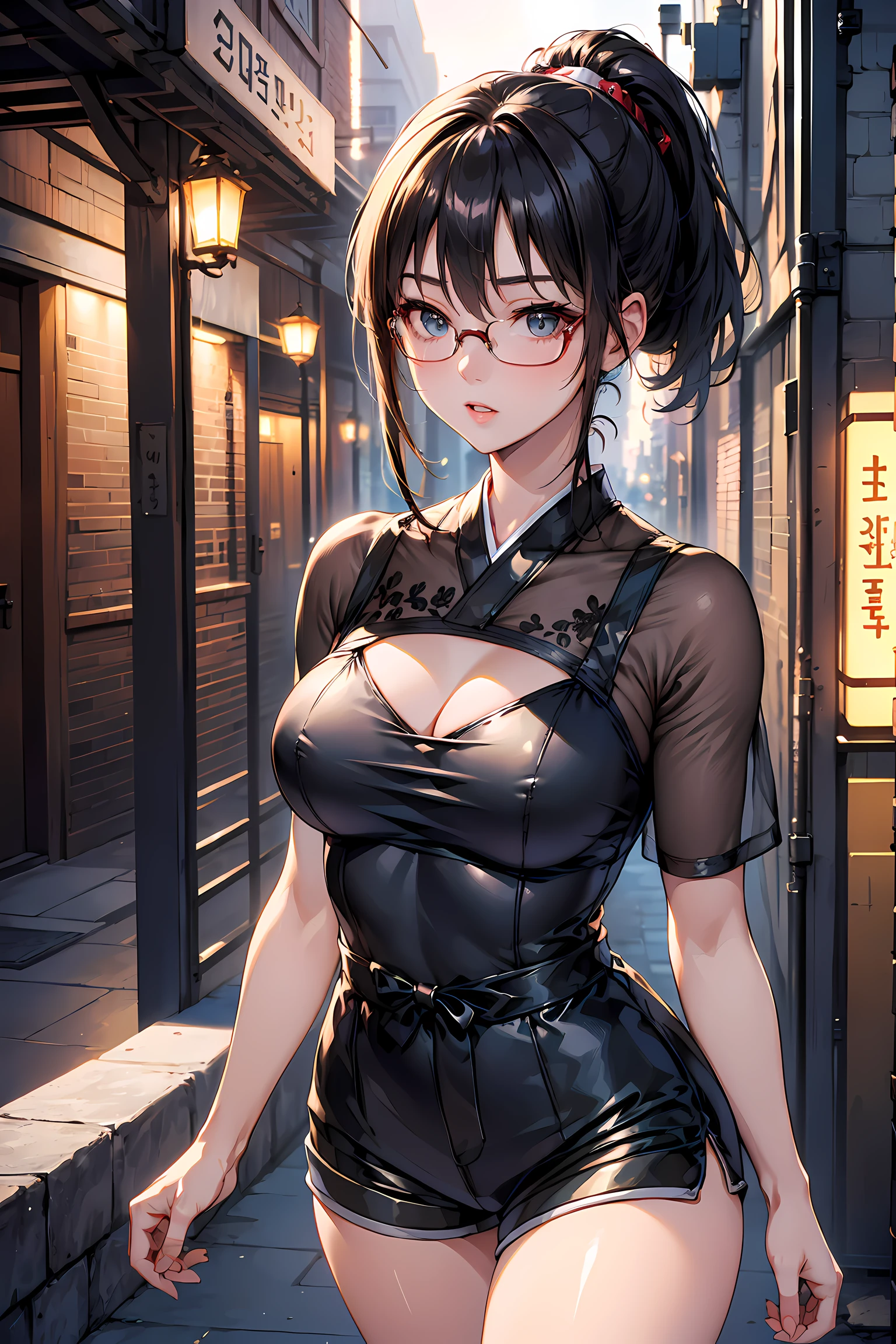 (1glasses girl:1.3, solo), (Audrey Hepburn:1.3), (a extremely pretty and beautiful Japanese woman), (sexy girl), (professional attire:1.3), (22 years old: 1.1), (walking on red carpet:1.3), (attractive random posing:1.3), (in the night royal party:1.3), (looking straight at you:1.3), (starring at you:1.3), (front view:1.3), break, (ponytail:1.3), (shiny-black thin hair:1.2), bangs, dark brown eyes, beautiful eyes, princess eyes, (big eyes:1.3), bangs, wearing a glasses:1.3, Hair between eyes, short hair:1.3, (slender:1.1), (small-medium-breasts:0.95), (thin waist: 1.15), (detailed beautiful girl: 1.4), Parted lips, Red lips, full-make-up face, (shiny skin), ((Perfect Female Body)), (upper body image:1.3), Perfect Anatomy, Perfect Proportions, (most beautiful Korean actress face:1.3, extremely cute and beautiful Japanese actress face:1.3), BREAK, (View viewer, wearing a bitch outfit, (insanely detailed yellow camisole:1.3), (shorts:1.3), (pin-heels:1.3), detailed clothes, BREAK, (detailed royal night party background:1.2), (dark background), (Studio soft lighting: 1.3), (fake lights: 1.3), (backlight: 1.3), BREAK, (Realistic, Photorealistic: 1.37), (Masterpiece, Best Quality: 1.2), (Ultra High Resolution: 1.2), (RAW Photo: 1.2), (Sharp Focus: 1.3), (Face Focus: 1.2), (Ultra Detailed CG Unified 8k Wallpaper: 1.2), (Beautiful Skin: 1.2), (pale Skin: 1.3), (Hyper Sharp Focus: 1.5), (Ultra Sharp Focus: 1.5), (Beautiful pretty face: 1.3), (super detailed background, detail background: 1.3), Ultra Realistic Photo, Hyper Sharp Image, Hyper Detail Image,