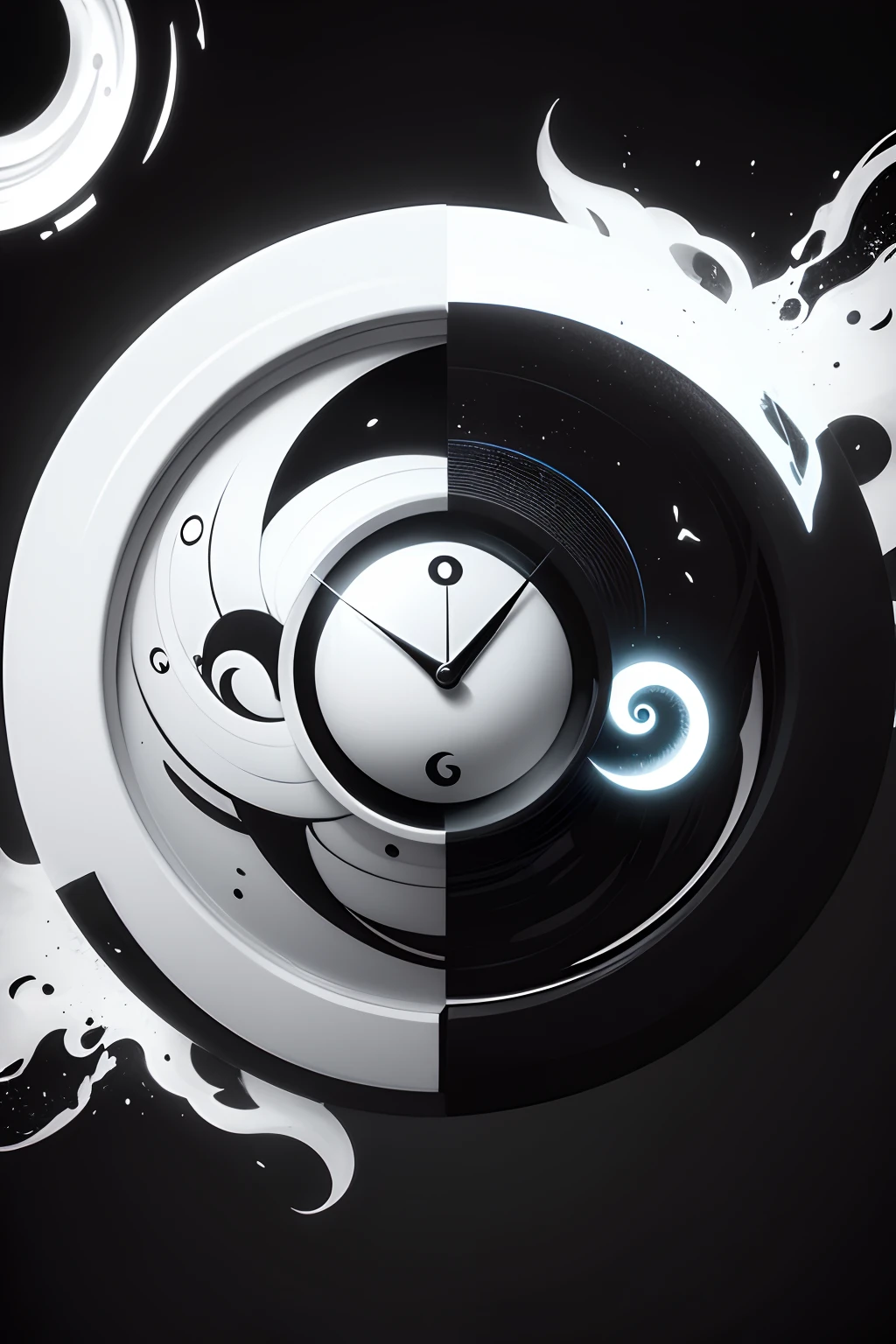 a Ying Yang clock with the hands stopped, there is a white light that comes out of it and a black and white fire that circles the environment