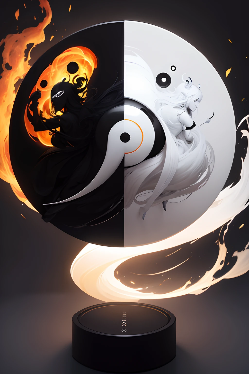 a Ying Yang clock with the hands stopped, there is a white light that comes out of it and a black and white fire that circles the environment