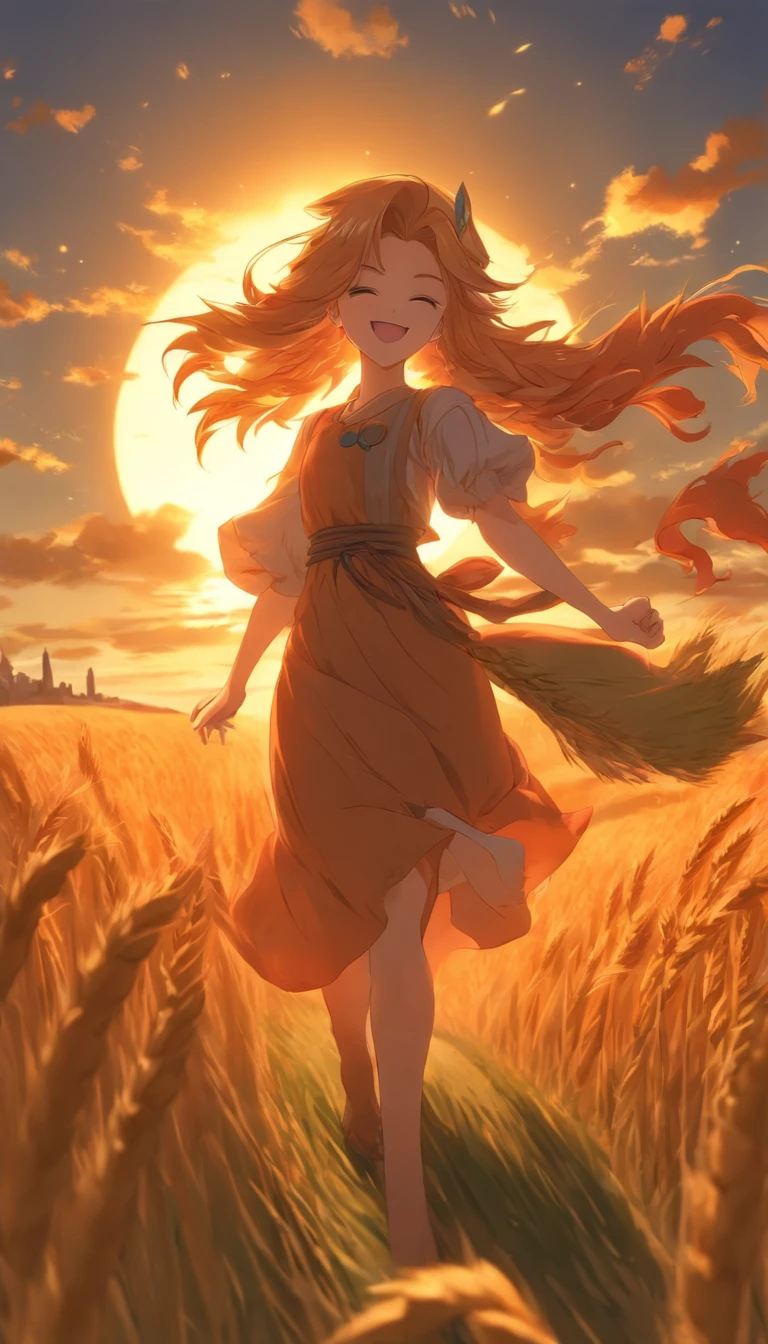 1 girl,themoon， Solo, Long orange hair, Running, (High wheat fields), Turning around, Emerald eyes, Long blue dress, Middle Ages, medieval clothing, Long-sleeved sunset, Light from behind, Shadows on characters, Smile, Laughter, (Blue sky), Against the background of wheat, Stand far away, looking at viewert, whole-length