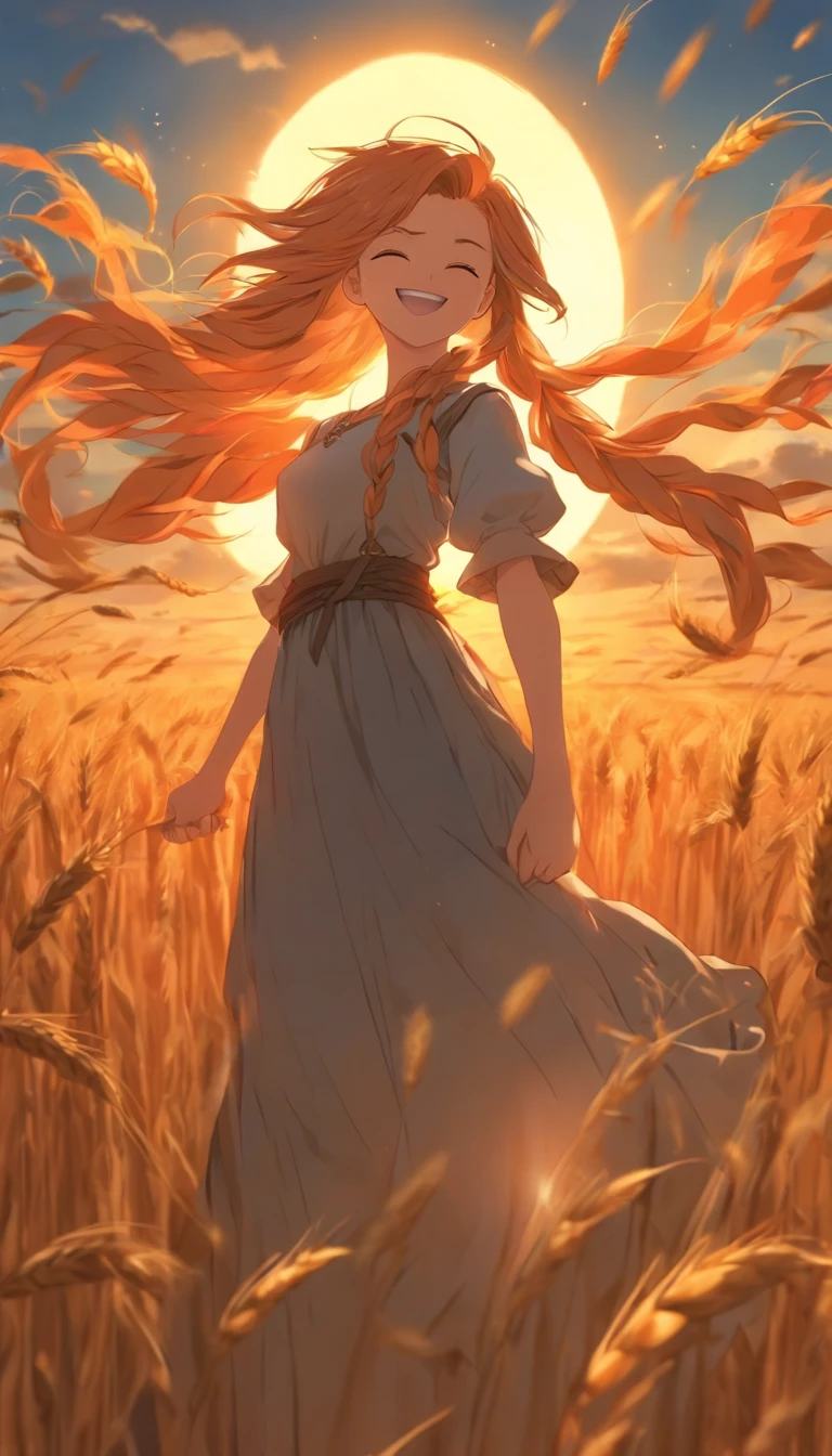 1 girl,themoon， Solo, Long orange hair, Running, (High wheat fields), Turning around, Emerald eyes, Long blue dress, Middle Ages, medieval clothing, Long-sleeved sunset, Light from behind, Shadows on characters, Smile, Laughter, (Blue sky), Against the background of wheat, Stand far away, looking at viewert, whole-length