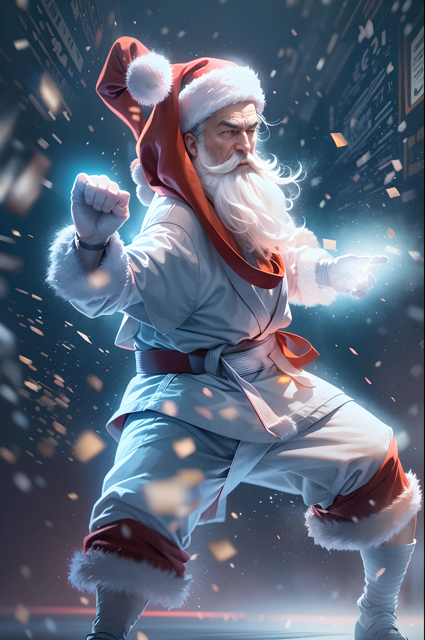 Anime funny character, comic art, low angle, santa claus karateka, santa claus hat, beautiful blue eyes, dynamic pose, high kick, sparks and snowflakes in hair and beard, very realistic, isolated on white background, concept art, volumetric light, HD, Ultra detailed, extremely accurate,