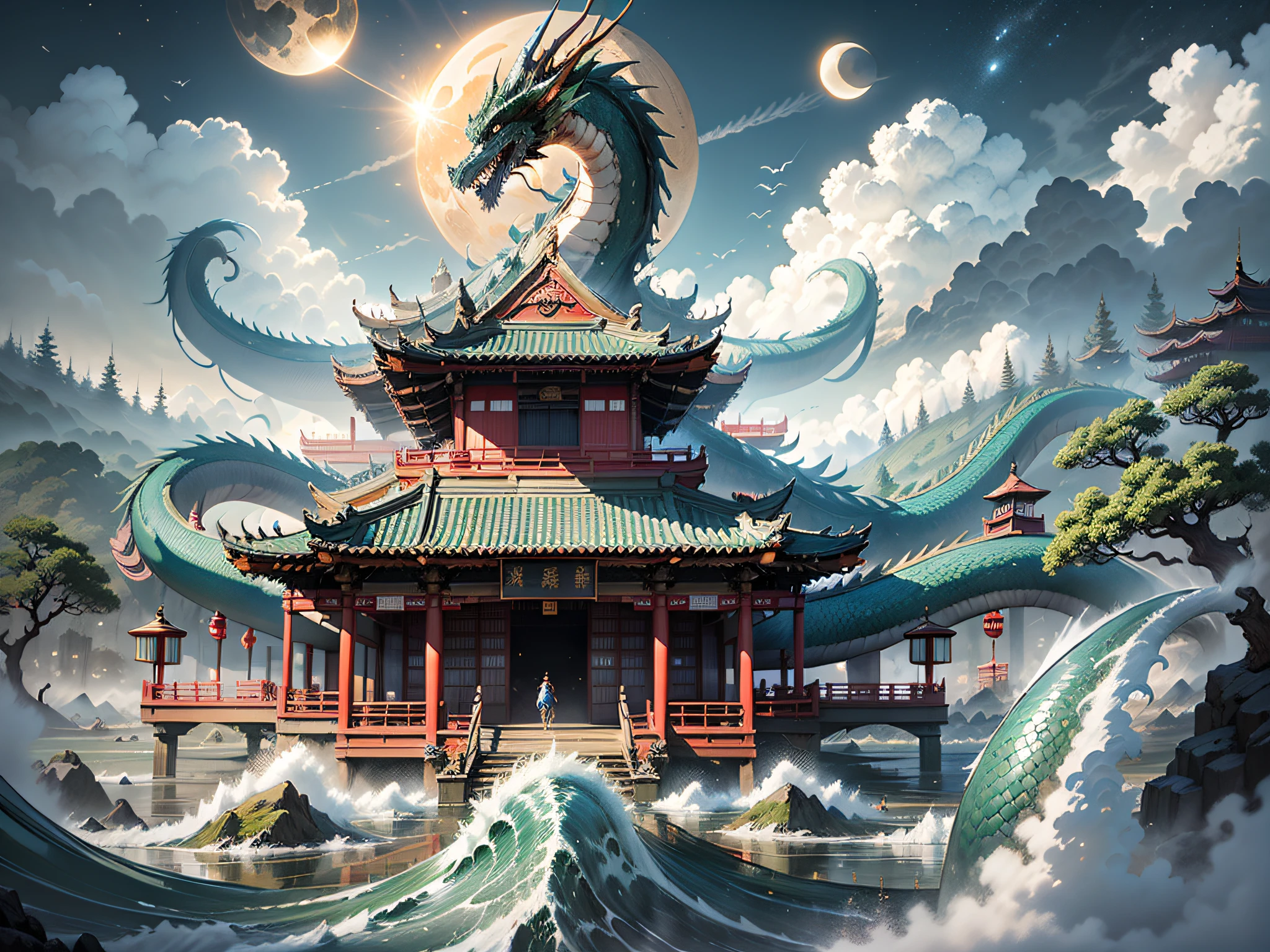 The sun and the moon shine together,Dragons roam the clouds,The sea of clouds is turbulent,(The waves are skyrocketing),Senzan Island,Exotic beasts,(A pavilion looming in the clouds),((surrounded by cloud)),(Chinese architecture),high qulity,super-fine,Detailed pubic hair,Accurate,(tmasterpiece),Works of masters,(16K resolution),电影灯光,dynamic viewing angle,