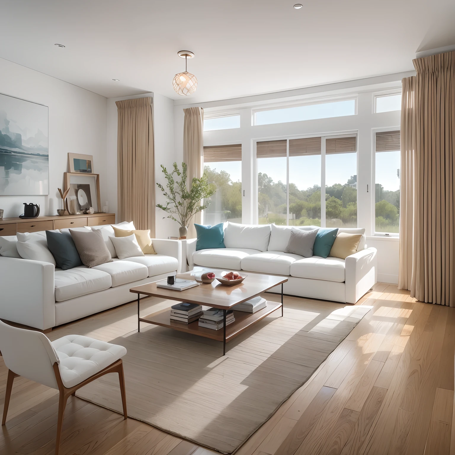 There is a TV on the wall,A cup of coffee on the coffee table,Wooden coffee table and sofa