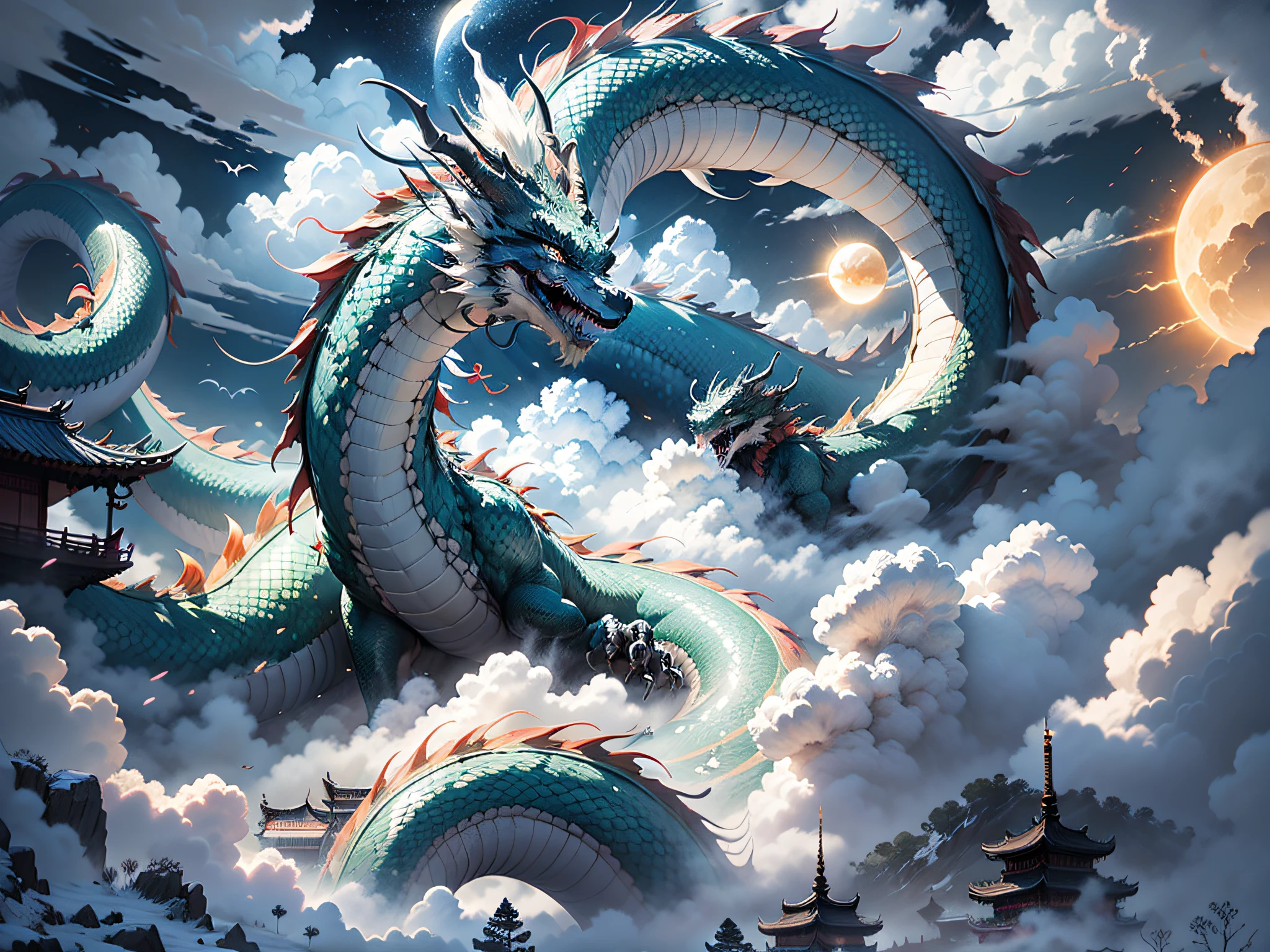 The sun and the moon shine together，Dragons roam the clouds，The sea of clouds is turbulent，（The waves are skyrocketing），Senzan Island，Exotic beasts，（A pavilion looming in the clouds），（（surrounded by cloud）），（Chinese architecture），high qulity，super-fine，Detailed pubic hair，Accurate，（tmasterpiece），Works of masters，（16K resolution），电影灯光，dynamic viewing angle，