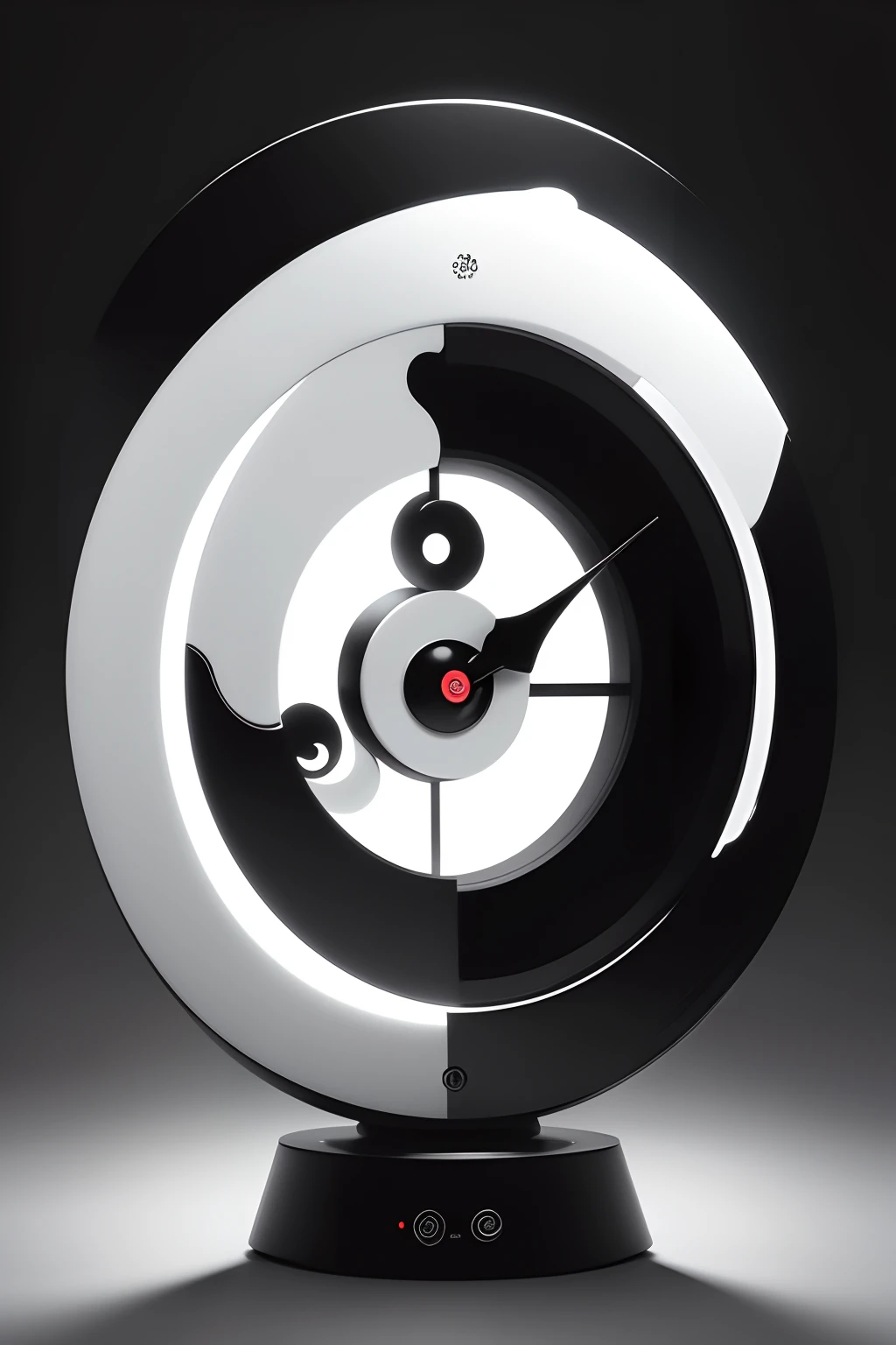 a Ying Yang clock with the hands stopped, there is a white light that comes out of it and a black and white fire that circles the environment
