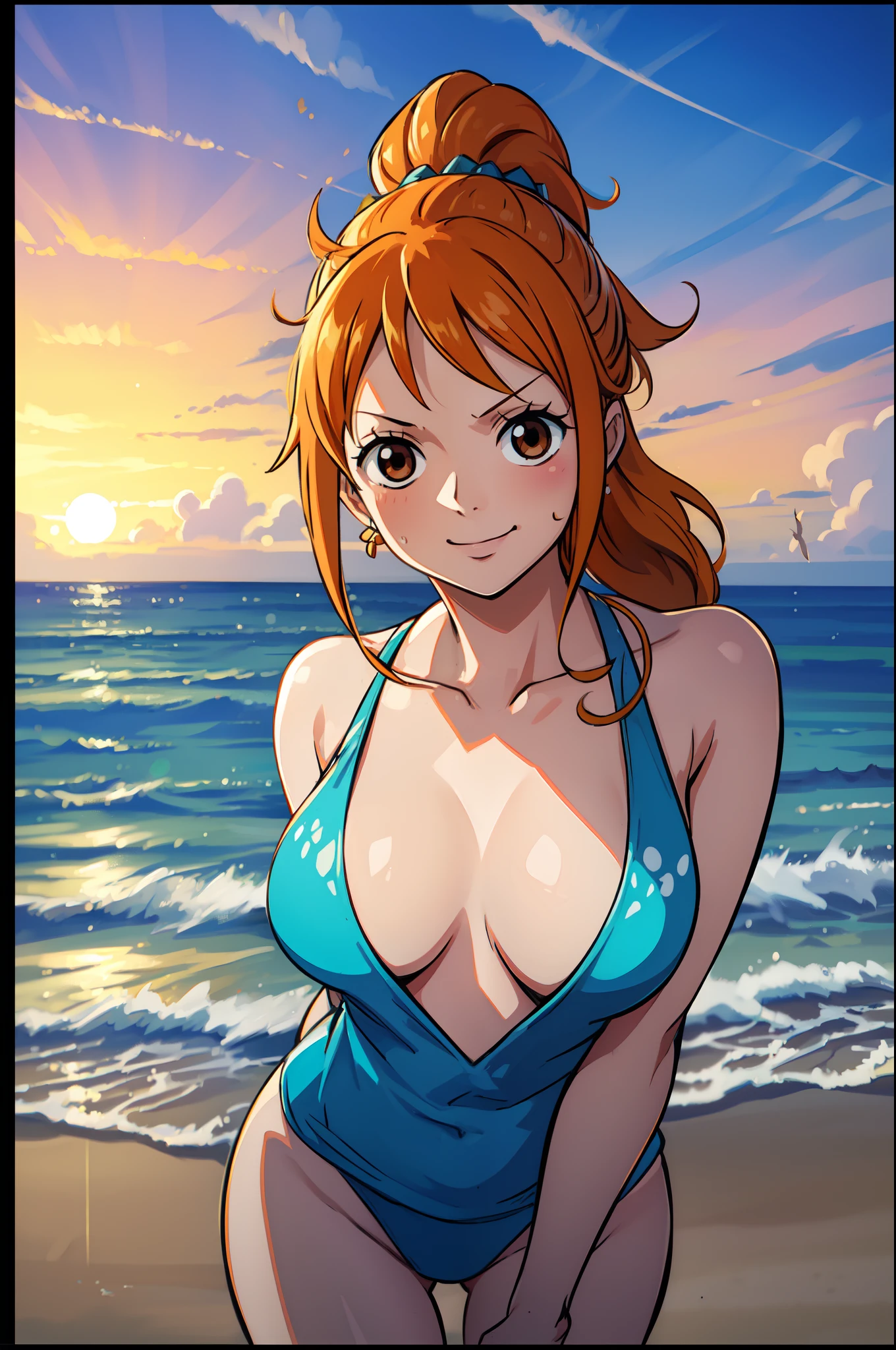(best quality,ultra-detailed,realistic:1.37),anime art style,Nami from One Piece,brown eyes,orange long ponytail hair,blushing,wearing nothing fully naked,standing on a sandy beach, gentle ocean waves in the background, bright sunlight shining down on her,seagulls flying in the sky,sparkling blue seawater,detailed sand texture on the beach,shadows cast by palm trees, vibrant colors, dynamic pose, playful expression, NSFW.
