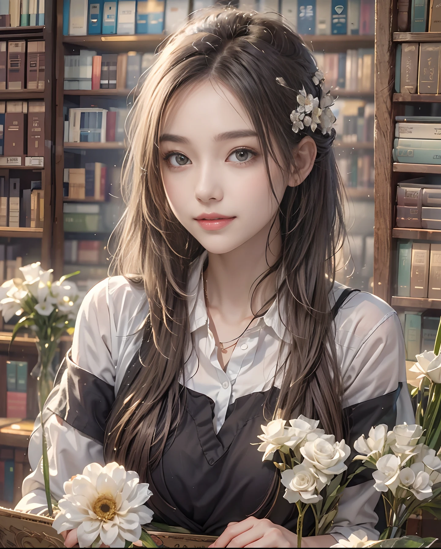 masutepiece、hight resolution、Library Reception、Library staff、scrivener、30-year-old girl、１Girl clerk、Looking at the camera、smil、Finish as shown in the photo、Flowers and girls、the skin is white and beautiful、Hair is long and beautiful、inner colored、Hair should be tied back、A slender