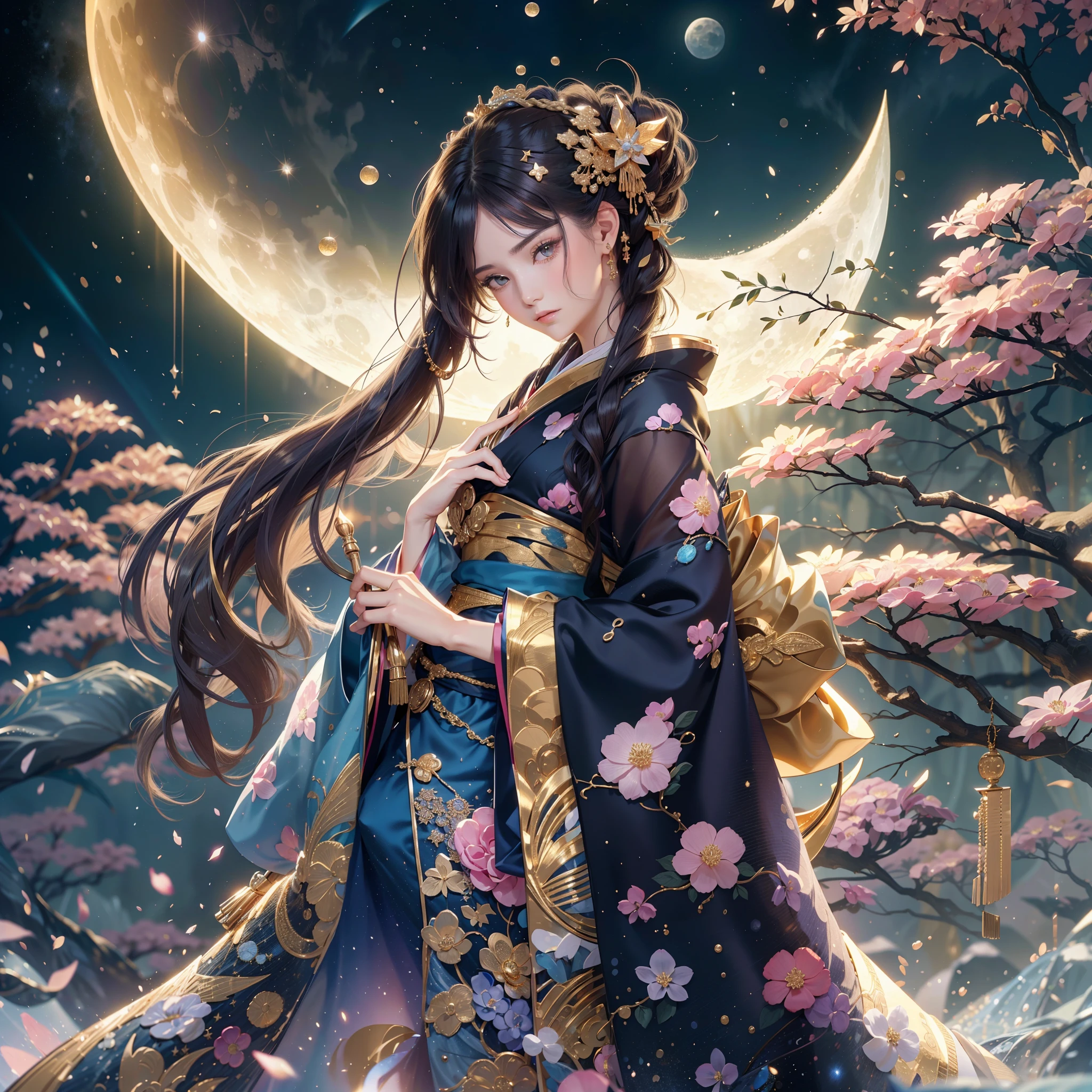 detailed background(a moon,Detailed starry sky background),glossy dark hair,Blake Ponytail、elaborate costume{Luxury kimono(Colorful kimono(Detailed golden embroidery,))}、face perfect,Depict a beautiful and graceful woman of Japan。Heart in the eye。 Wallpaper 8K, .Blur the background with a sickle,((masutepiece)), ((Best Quality)),{{a portrait photo of}}