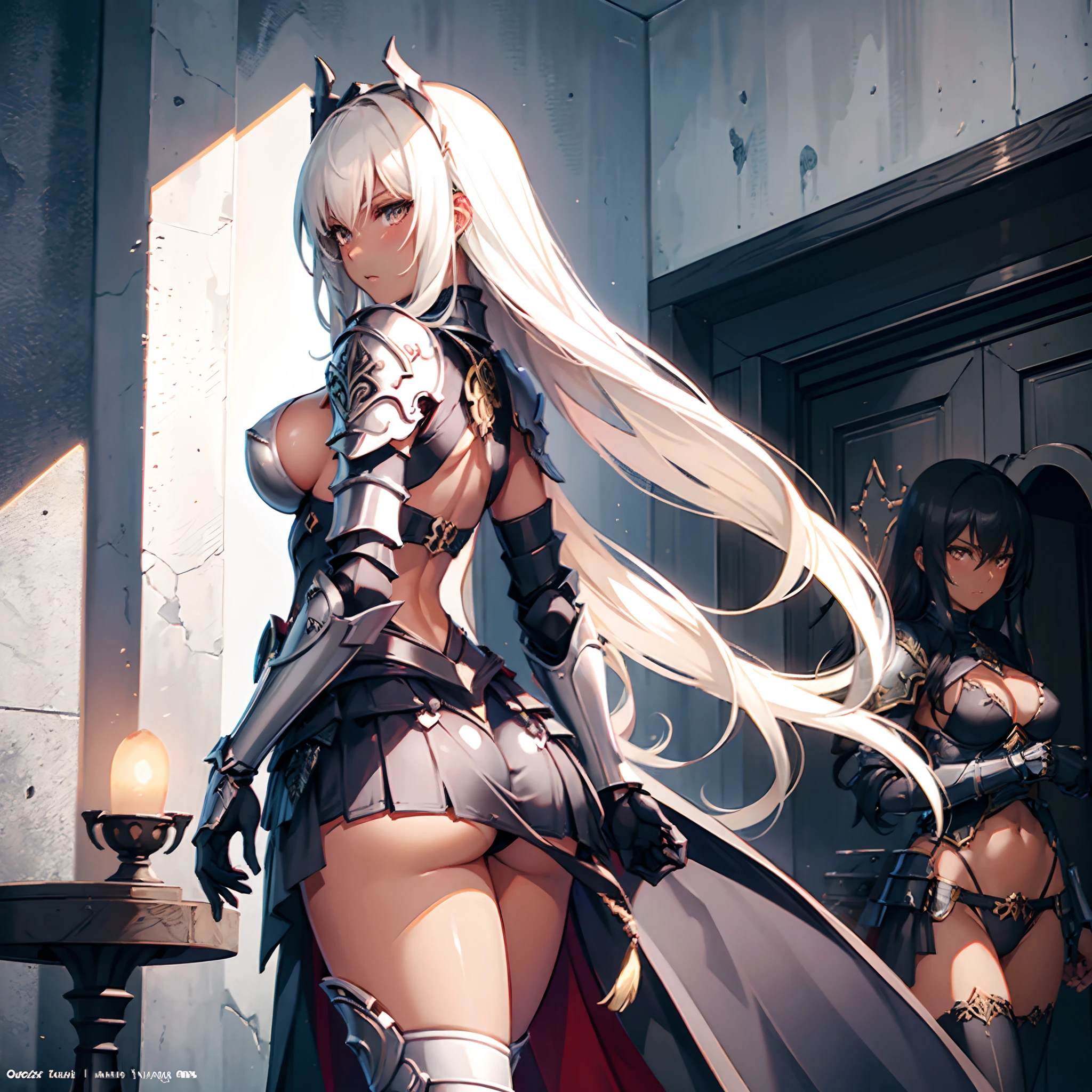 ((slanted eye)),(A MILF),(((maturefemale,adult woman))),Multiple girls,masutepiece, top-quality, ultra-definition, max resolution, A highly detailed,((((Dark skin)))), Extremely sexy,Large breasts,blush,high legs,thong,armor girl, bikini armor female knight, Bikini Armor, bikini-armor, bikini-armor, ornate bikini armor, Female knight, Gorgeous Female Paladin,Beautiful armor,cleavage,overknee socks,in the palace,Standing,groin,Ass,from behind,
