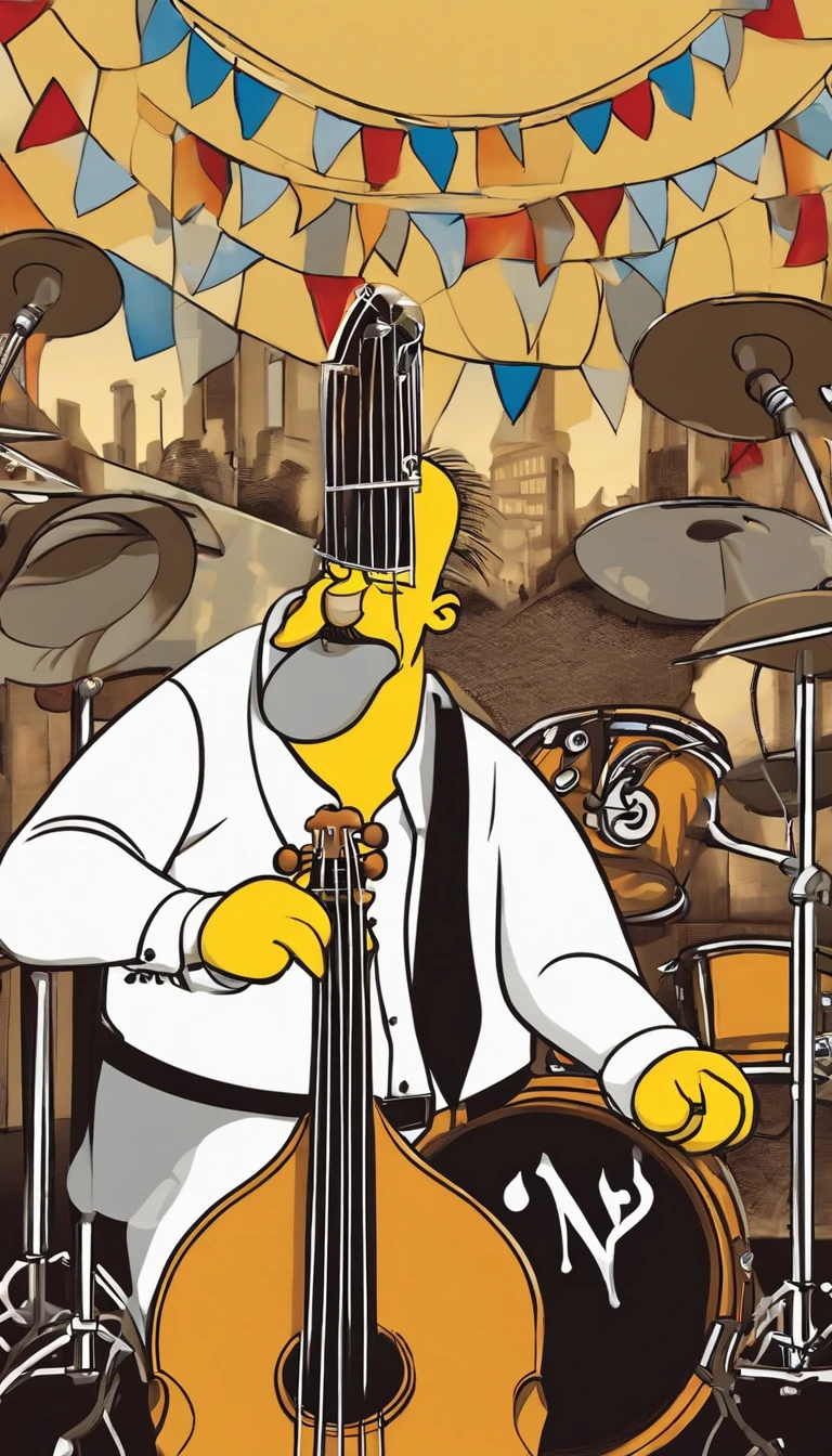 cafe shop,The Simpsons,Homer Simpson plays bass,Play standard bass,The bass is precise and delicate,homer simpson,Wear performance costumes,《The Simpsons》Animation style,dramatic lights,Dramatic action,Wonderful poster composition,Dramatic composition,Dramatic colors,Gorgeous stage,gorgeous lights,ornate backdrop,The proportion of one person in the picture is small,Play bass,Funk music,
