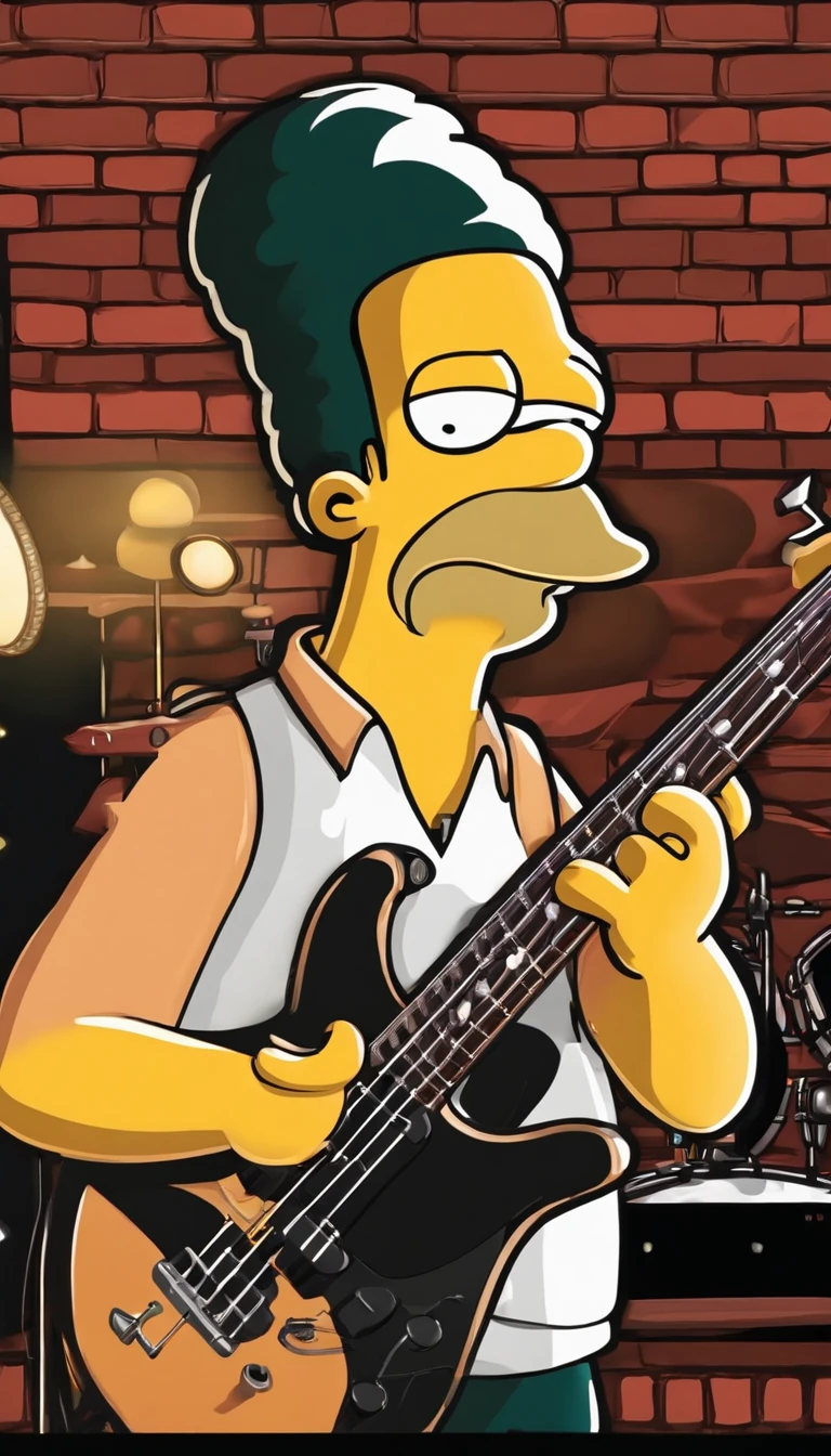 cafe shop，The Simpsons，Homer Simpson plays bass，Play standard bass，The bass is precise and delicate，homer simpson，Wear performance costumes，《The Simpsons》Animation style，dramatic lights，Dramatic action，Wonderful poster composition，Dramatic composition，Dramatic colors，Gorgeous stage，gorgeous lights，ornate backdrop，The proportion of one person in the picture is small，Play bass，Funk music，