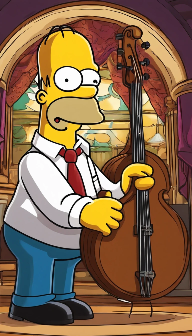 cafe shop,The Simpsons,Homer Simpson plays bass,Play standard bass,The bass is precise and delicate,homer simpson,Wear performance costumes,《The Simpsons》Animation style,dramatic lights,Dramatic action,Wonderful poster composition,Dramatic composition,Dramatic colors,Gorgeous stage,gorgeous lights,ornate backdrop,The proportion of one person in the picture is small,Play bass,Funk music,