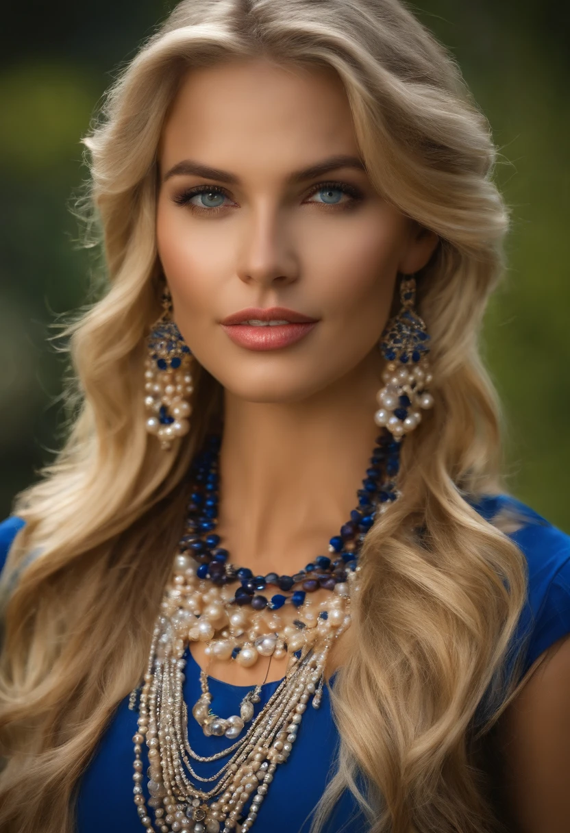 Mujer rubia muy bonita con ojos azules, que usa varios collares de perlas grandes y tiene senos muy grandes, una camiseta muy ajustada