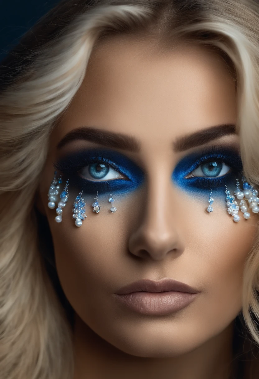 Mujer rubia muy bonita con ojos azules, que usa varios collares de perlas grandes y tiene senos muy grandes, una camiseta muy ajustada