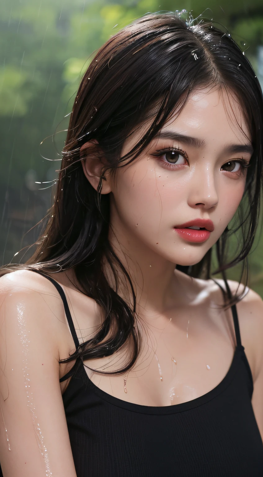 (Best quality, 4k, Masterpiece :1.3), pretty woman, 1girl, sexy :1.1, dark brown hair: 1.1, (rainy wet, wet from rain, wet body :1.2), white tank tops, ultra-detailed face, detailed lips, detailed eyes, double eyelid