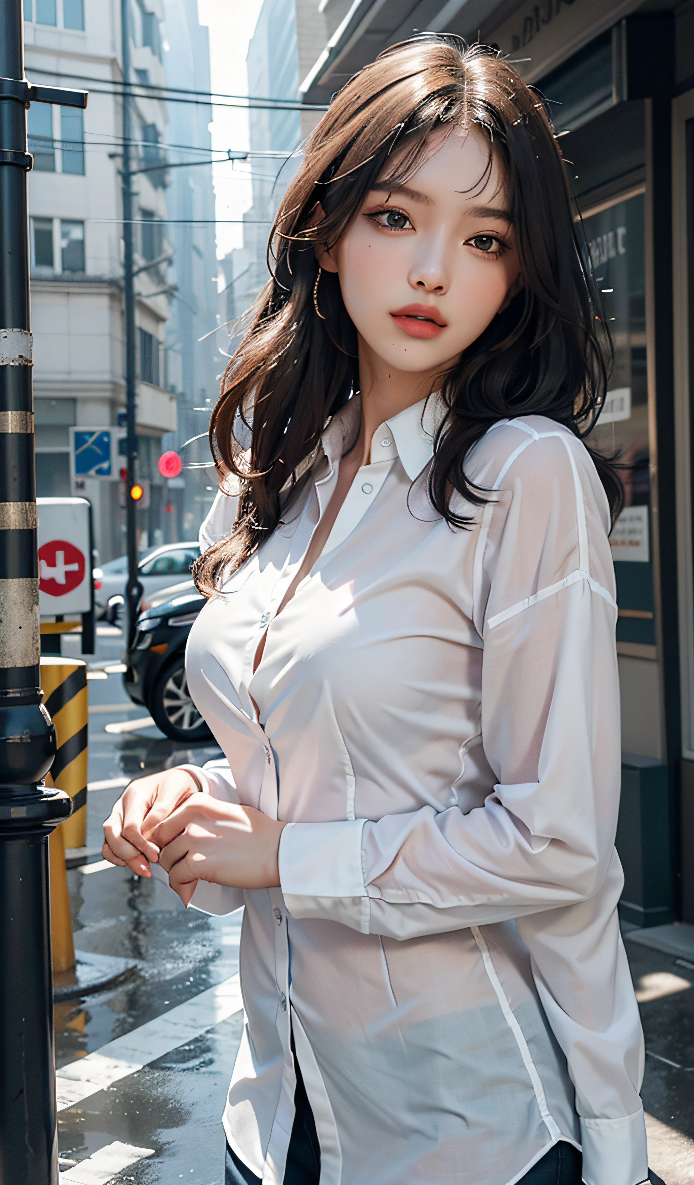 ((Best Quality, 8K, Masterpiece: 1.3)), Sharp: 1.2, Perfect Body Beauty: 1.4, Slim Abs: 1.2, ((Layered Hairstyle, Big Breasts: 1.2)), (Wet White Button Long Shirt: 1.1), (Rain, Street: 1.2), Wet: 1.5, Highly detailed face and skin texture, detailed eyes, double eyelids, side face looking at the camera