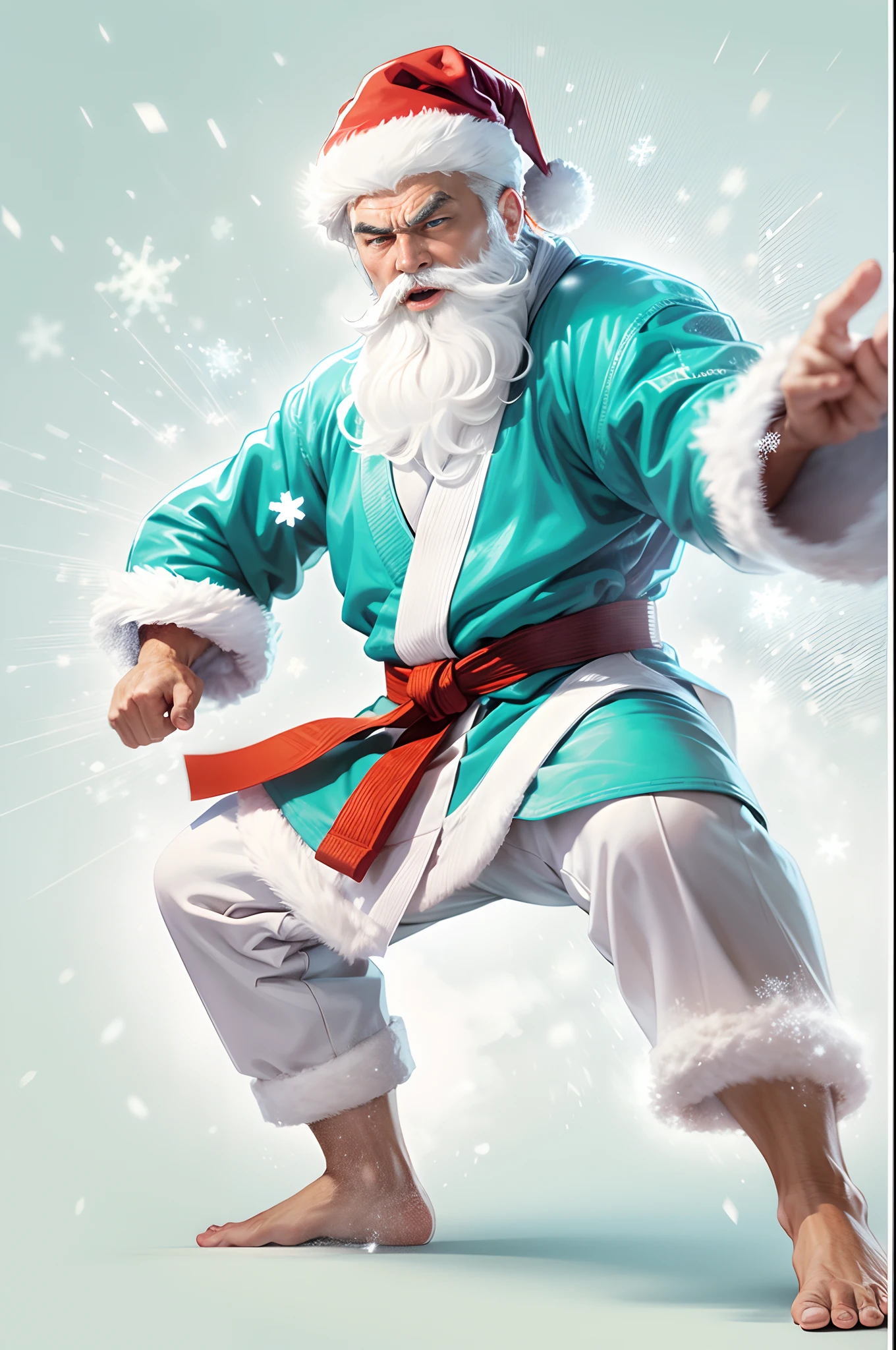 Funny anime character, comics, Low angle, Santa Claus Karate, Santa Claus hat, beautiful blue eyes, dynamicpose, High kick, Sparks and snowflakes in hair and beard, Very realistic, isolated on white background, Concept art, surround light, HD, Ultra Detailed, highest accuracy,