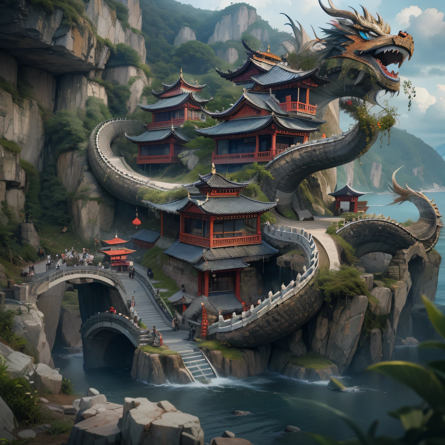 chinesedragon,the sea,writhe,downpours,salama,Cave House,Works of masters,Best image quality,high detal,超高分辨率,in a panoramic view,first person perspective,telephoto lenses,3D photography