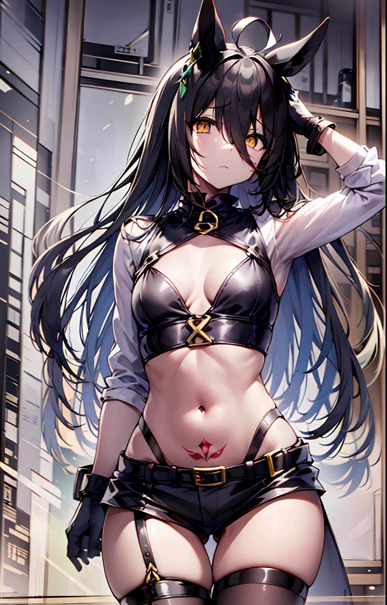 masterpiece,hightquality,high-level image quality,((pixiv)),((A daughter。 Pretty Derby)),((manhattan-cafe)),(((A lot of butterflies々))),(((horse tails)),((horse ear))),((((straight flat chest)))),(((small tits))),(((Phetcha Pai))),((precipice)),((agalactia)),(((skinny female body))),((lustrous dark hair)),((Ahoge with a white color different from the hair color)),(((Longhaire))),((elongated bangs passing between the eyes,,,)),((((Mirai Nakano Bangs)))),((Golden eyes without glowing highlights)),(((Tattoo of a butterfly carved all over the body))),((Stomach out)),((Exposed groin)),(((Front-opening corset in black solid leather and wrought iron chain))),((Cropped Bondage Top)),((Front opening shorts))