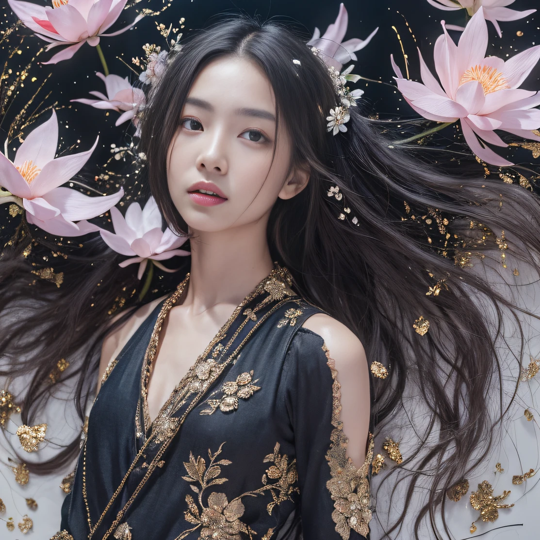 Gold backstop 32K（tmasterpiece，k hd，hyper HD，32K）Long flowing black hair，ponds，zydink， a color， Aozhou people （Concubine girl）， （Purple silk scarf）， Combat posture， looking at the ground， long whitr hair， Floating hair， Carp pattern headdress， Chinese long-sleeved clothing， （Abstract gouache splash：1.2）， Pink petal background，Pink and white lotus flowers fly（realisticlying：1.4），Black color hair，Fallen leaves flutter，The background is pure， A high resolution， the detail， RAW photogr， Sharp Re， Nikon D850 Film Stock Photo by Jefferies Lee 4 Kodak Portra 400 Camera F1.6 shots, Rich colors, ultra-realistic vivid textures, Dramatic lighting, Unreal Engine Art Station Trend, cinestir 800，Long flowing black hair，Denim skirt
