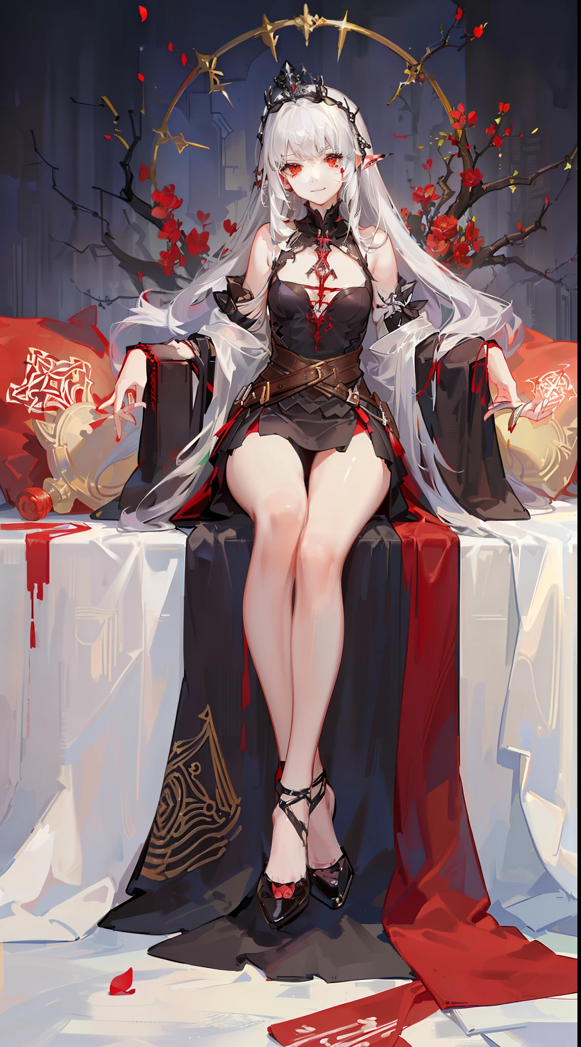 (vampiric)((Gray hair))(fang)(red eyes eyes)(Poor milk)(chiquita)(Childish)(Sinister smile)Obediently sat on the throne,listless,Ignorant and understanding,((The characters are very delicate))The background is full of flesh and blood,Meat forest wine pool,Tentacles extend from both sides of the throne,Behind him were flesh-and-blood attendants