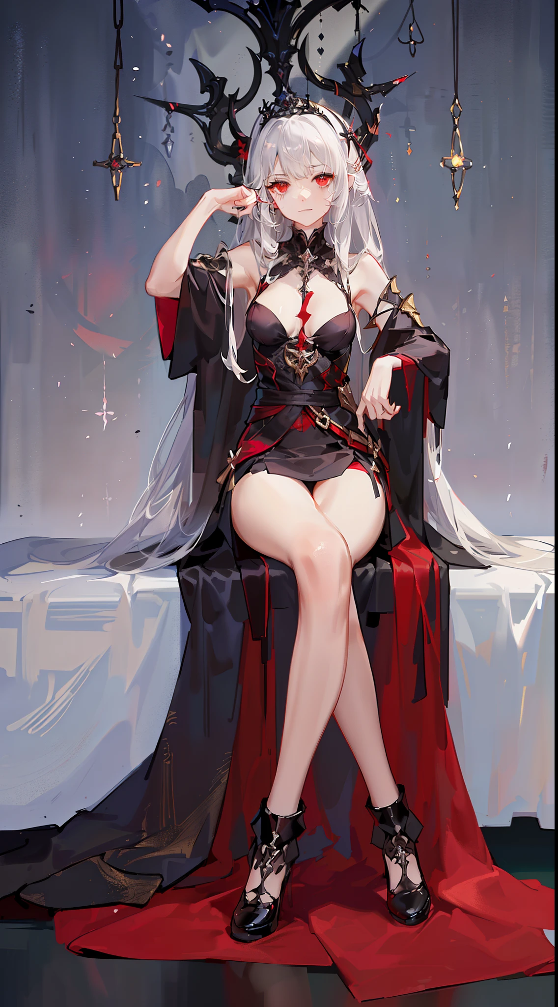 young girl, Long white hair, red eyes, Red Futhark Tattoo, smirk, princess dress, small breasts, open breasts, Wide neckline, sitting on the throne, legs crossed, Masterpiece, hiquality, higly detailed, HD, 4k