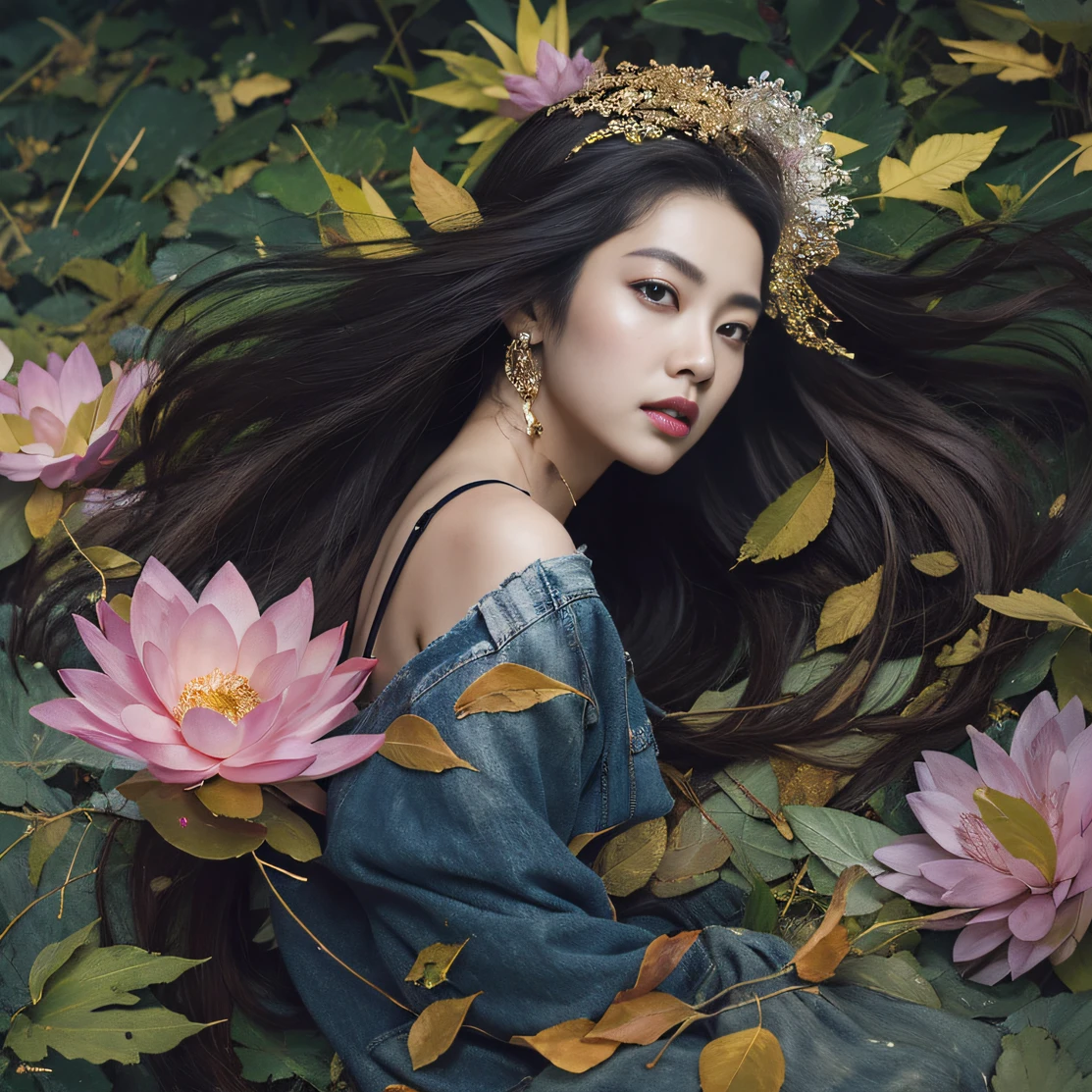 Gold backstop 32K（tmasterpiece，k hd，hyper HD，32K）Long flowing black hair，ponds，zydink， a color， Aozhou people （Concubine girl）， （Purple silk scarf）， Combat posture， looking at the ground， long whitr hair， Floating hair， Carp pattern headdress， Chinese long-sleeved clothing， （Abstract gouache splash：1.2）， Pink petal background，Pink and white lotus flowers fly（realisticlying：1.4），Black color hair，Fallen leaves flutter，The background is pure， A high resolution， the detail， RAW photogr， Sharp Re， Nikon D850 Film Stock Photo by Jefferies Lee 4 Kodak Portra 400 Camera F1.6 shots, Rich colors, ultra-realistic vivid textures, Dramatic lighting, Unreal Engine Art Station Trend, cinestir 800，Long flowing black hair，Denim skirt