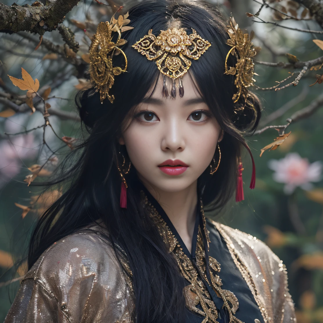 Gold backstop 32K(tmasterpiece,k hd,hyper HD,32K)Long flowing black hair,ponds,zydink, a color, Aozhou people (Concubine girl), (Purple silk scarf), Combat posture, looking at the ground, long whitr hair, Floating hair, Carp pattern headdress, Chinese long-sleeved clothing, (Abstract gouache splash:1.2), Pink petal background,Pink and white lotus flowers fly(realisticlying:1.4),Black color hair,Fallen leaves flutter,The background is pure, A high resolution, the detail, RAW photogr, Sharp Re, Nikon D850 Film Stock Photo by Jefferies Lee 4 Kodak Portra 400 Camera F1.6 shots, Rich colors, ultra-realistic vivid textures, Dramatic lighting, Unreal Engine Art Station Trend, cinestir 800,Long flowing black hair,Denim skirt