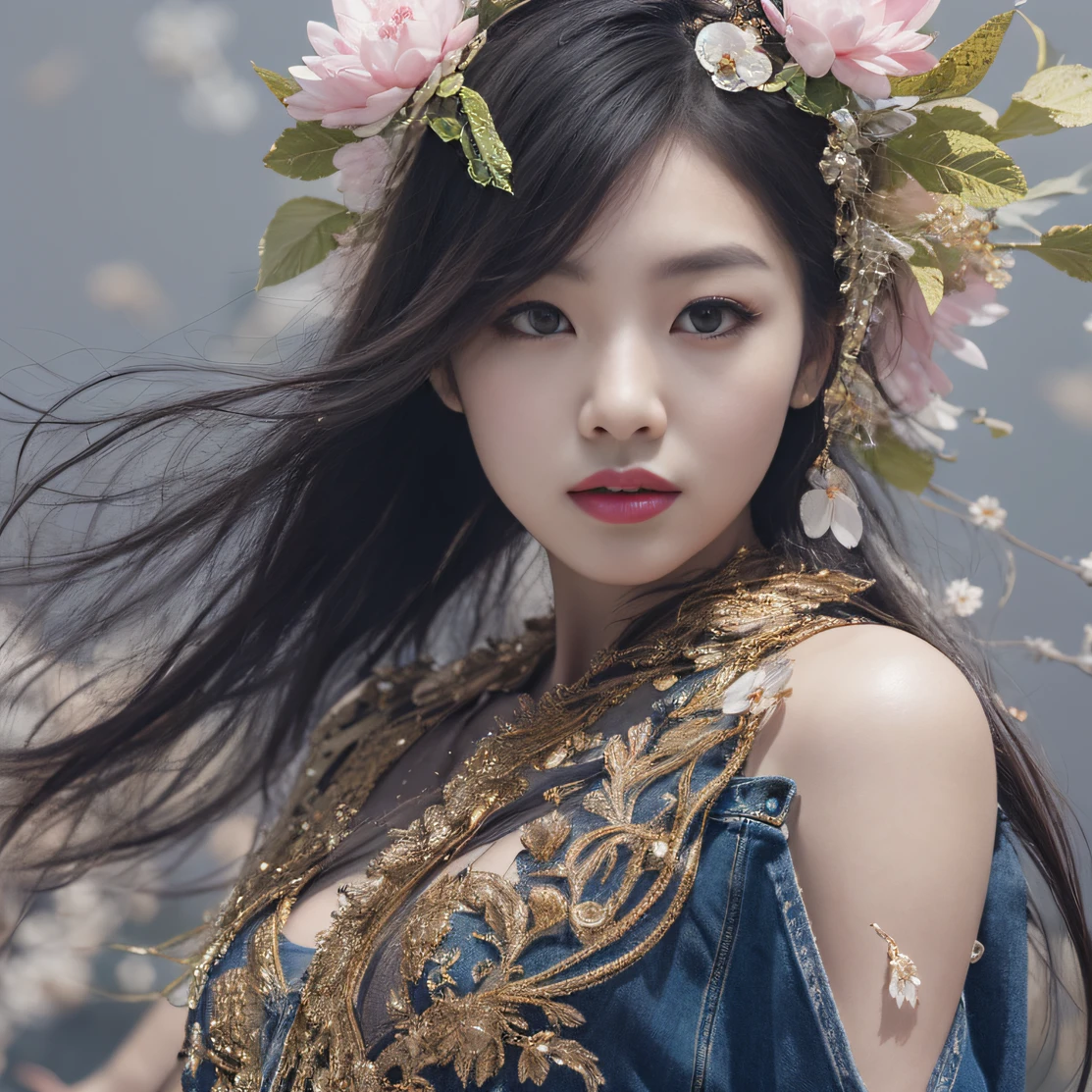 Gold backstop 32K（tmasterpiece，k hd，hyper HD，32K）Long flowing black hair，ponds，zydink， a color， Aozhou people （Concubine girl）， （Purple silk scarf）， Combat posture， looking at the ground， long whitr hair， Floating hair， Carp pattern headdress， Chinese long-sleeved clothing， （Abstract gouache splash：1.2）， Pink petal background，Pink and white lotus flowers fly（realisticlying：1.4），Black color hair，Fallen leaves flutter，The background is pure， A high resolution， the detail， RAW photogr， Sharp Re， Nikon D850 Film Stock Photo by Jefferies Lee 4 Kodak Portra 400 Camera F1.6 shots, Rich colors, ultra-realistic vivid textures, Dramatic lighting, Unreal Engine Art Station Trend, cinestir 800，Long flowing black hair，Denim skirt
