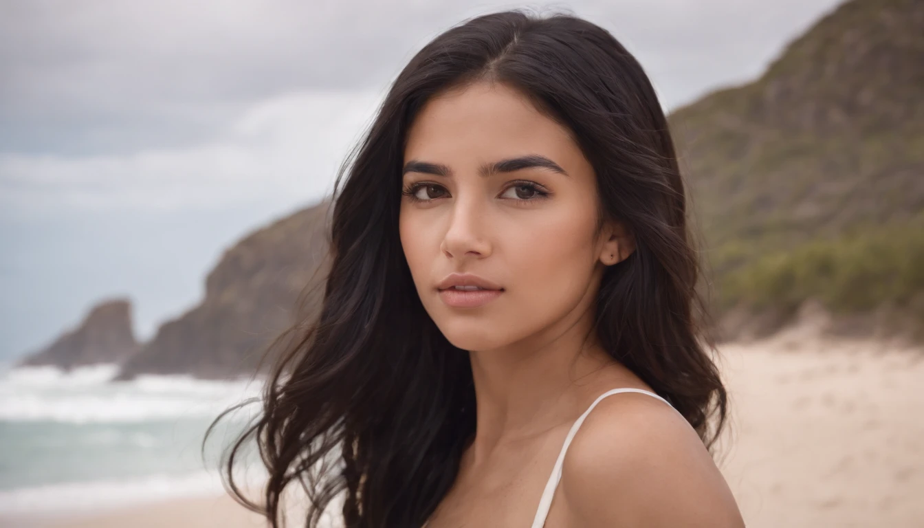hispanic cute girl, black hair, in a beach, hair in the wind