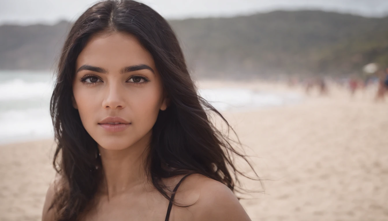 hispanic cute girl, black hair, in a beach, hair in the wind