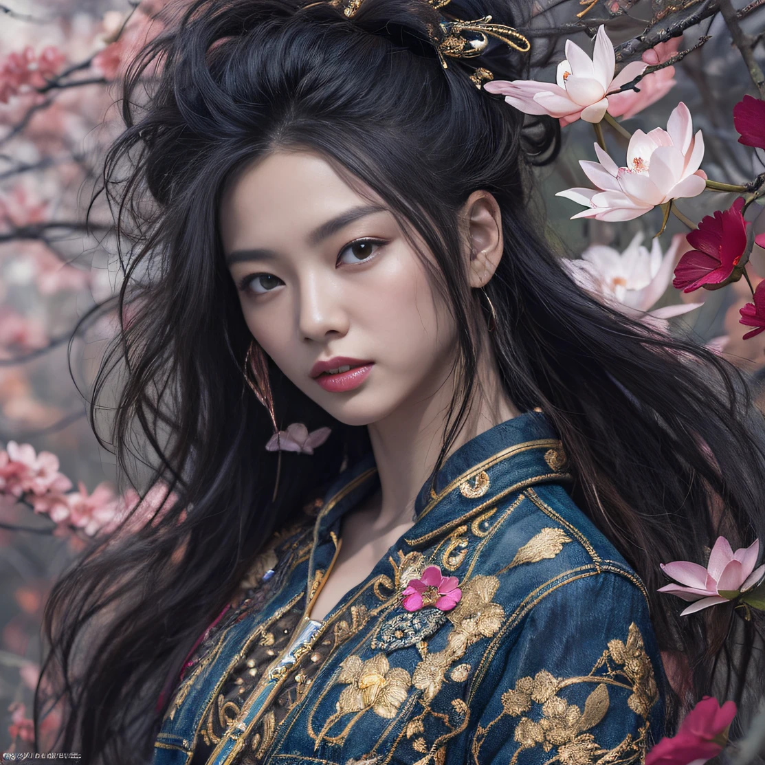 Gold backstop 32K(tmasterpiece,k hd,hyper HD,32K)Long flowing black hair,ponds,zydink, a color, Aozhou people (Concubine girl), (Purple silk scarf), Combat posture, looking at the ground, long whitr hair, Floating hair, Carp pattern headdress, Chinese long-sleeved clothing, (Abstract gouache splash:1.2), Pink petal background,Pink and white lotus flowers fly(realisticlying:1.4),Black color hair,Fallen leaves flutter,The background is pure, A high resolution, the detail, RAW photogr, Sharp Re, Nikon D850 Film Stock Photo by Jefferies Lee 4 Kodak Portra 400 Camera F1.6 shots, Rich colors, ultra-realistic vivid textures, Dramatic lighting, Unreal Engine Art Station Trend, cinestir 800,Long flowing black hair,Denim skirt