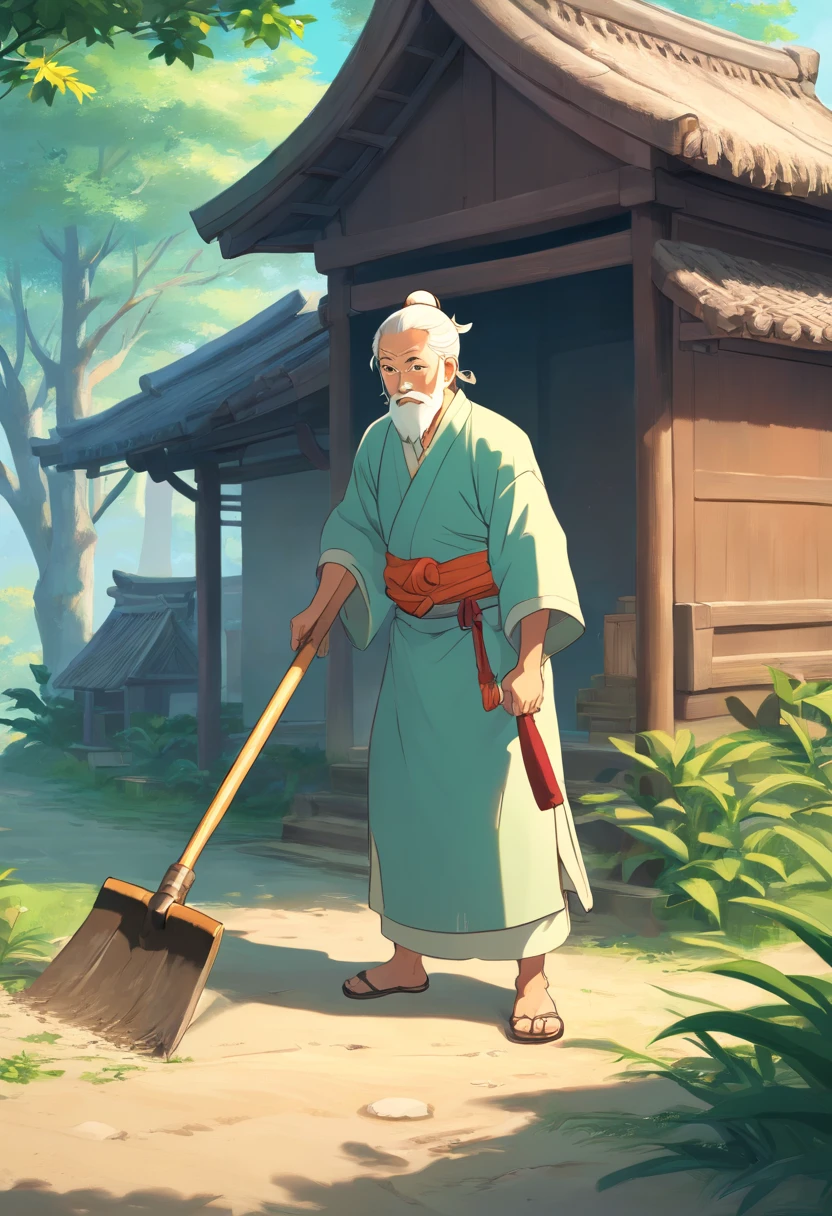 Eastern Tang Dynasty peasant dress。Old man with hoe, is working, farmer, Old men plow with hoes,old man,Longan tree。(Background with:There is a thatched hut behind you)