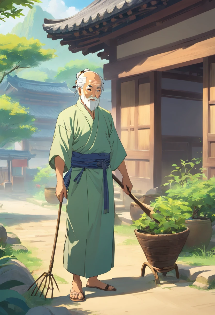 Eastern Tang Dynasty peasant dress。Old man with hoe, is working, farmer, Old men plow with hoes,old man,Longan tree。（Background with：There is a thatched hut behind you）