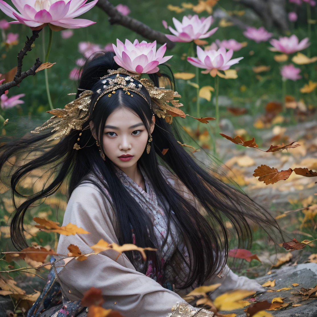 Gold backstop 32K（tmasterpiece，k hd，hyper HD，32K）Long flowing black hair，ponds，zydink， a color， Aozhou people （Concubine girl）， （Purple silk scarf）， Combat posture， looking at the ground， long whitr hair， Floating hair， Carp pattern headdress， Chinese long-sleeved clothing， （Abstract gouache splash：1.2）， Pink petal background，Pink and white lotus flowers fly（realisticlying：1.4），Black color hair，Fallen leaves flutter，The background is pure， A high resolution， the detail， RAW photogr， Sharp Re， Nikon D850 Film Stock Photo by Jefferies Lee 4 Kodak Portra 400 Camera F1.6 shots, Rich colors, ultra-realistic vivid textures, Dramatic lighting, Unreal Engine Art Station Trend, cinestir 800，Long flowing black hair，Denim skirt