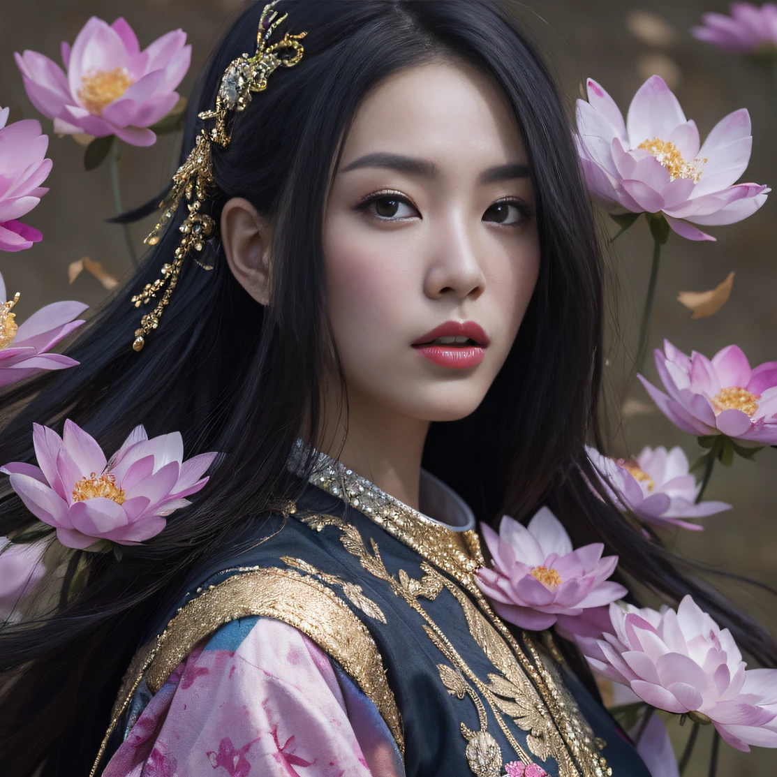 Gold backstop 32K（tmasterpiece，k hd，hyper HD，32K）Long flowing black hair，ponds，zydink， a color， Aozhou people （Concubine girl）， （Purple silk scarf）， Combat posture， looking at the ground， long whitr hair， Floating hair， Carp pattern headdress， Chinese long-sleeved clothing， （Abstract gouache splash：1.2）， Pink petal background，Pink and white lotus flowers fly（realisticlying：1.4），Black color hair，Fallen leaves flutter，The background is pure， A high resolution， the detail， RAW photogr， Sharp Re， Nikon D850 Film Stock Photo by Jefferies Lee 4 Kodak Portra 400 Camera F1.6 shots, Rich colors, ultra-realistic vivid textures, Dramatic lighting, Unreal Engine Art Station Trend, cinestir 800，Long flowing black hair，Denim skirt